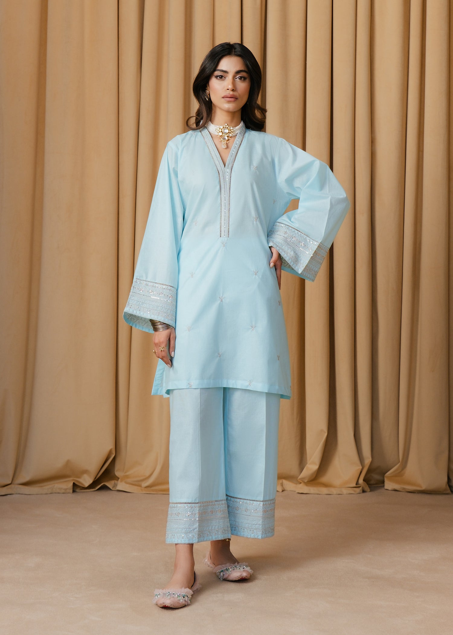 Shimmery Blue Embroidered Suit