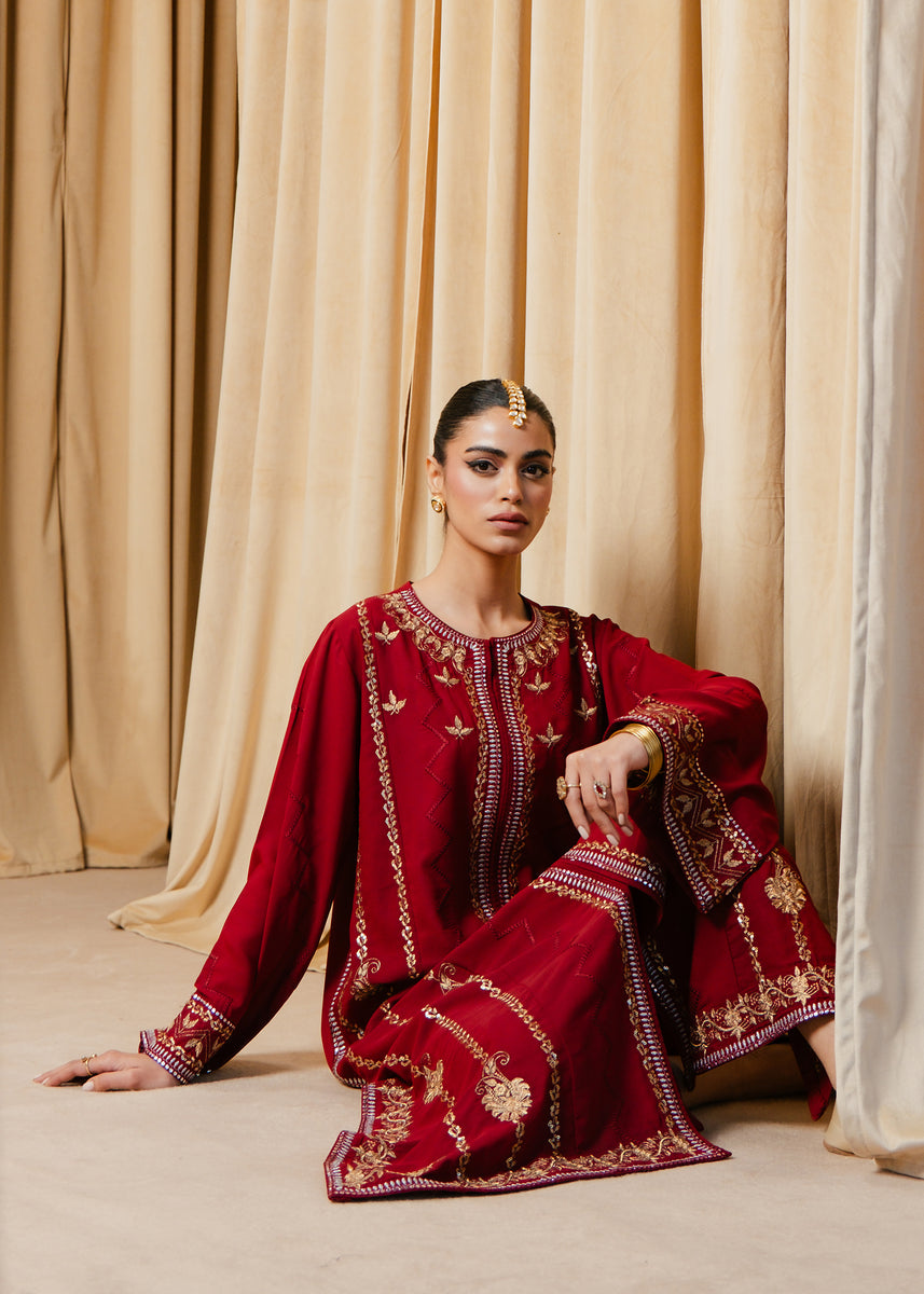 Maroon Designer Function Wear Semi-Stitched Pant Suit With Embroidery Work