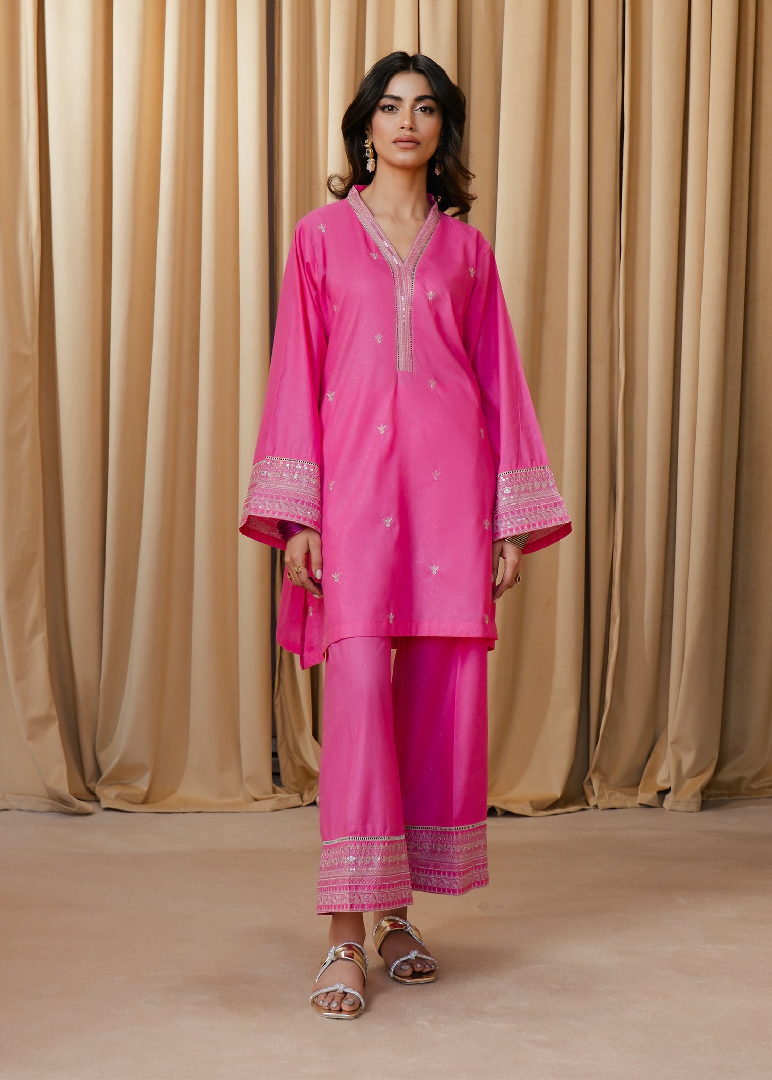 Shimmery Pink Embroidered Suit
