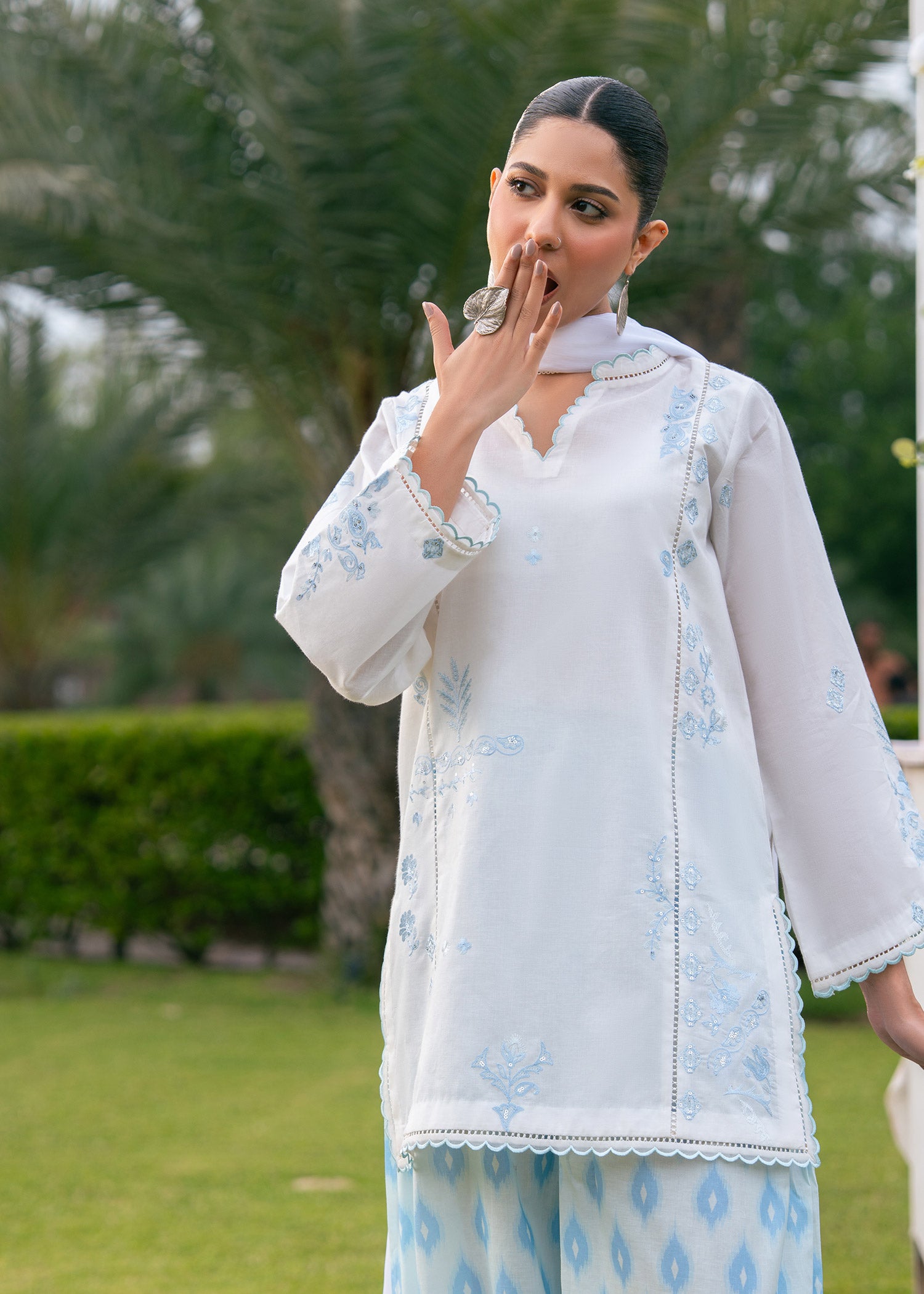blue and white dress pakistani AJIZLD-05 EMBROIDERED ZARI CHECK NET Stitched 3 PCS Luxury Pakistani Dresses