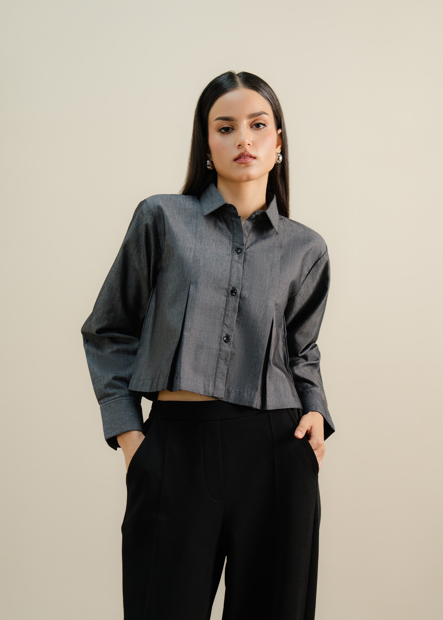 Grey Cropped Button Up