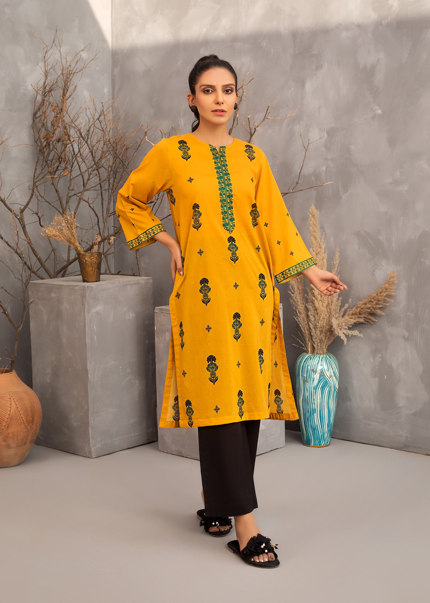 Mustard Printed Embroidered Lawn Suit
