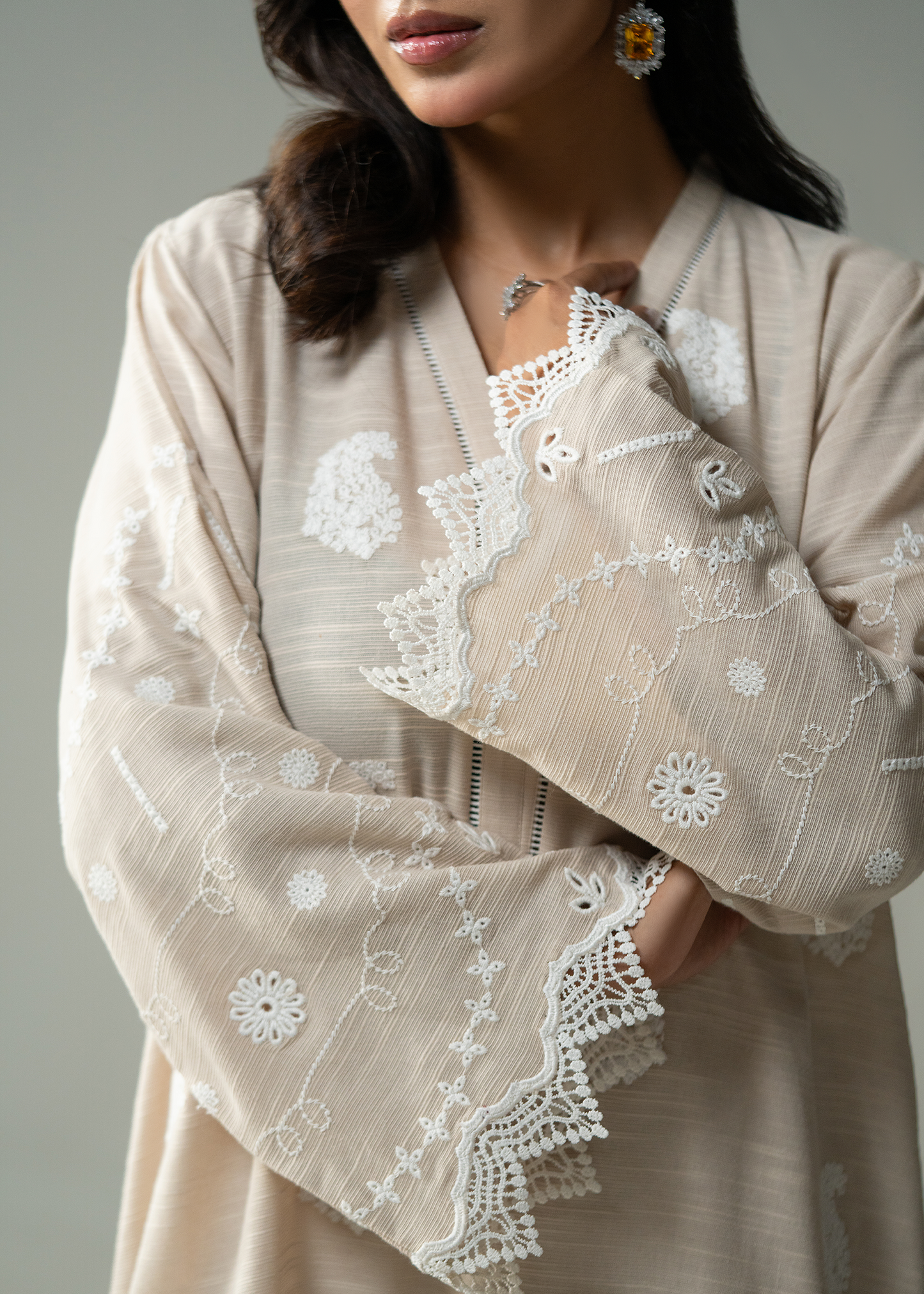 Embroidered Beige Khaddar Suit - Long