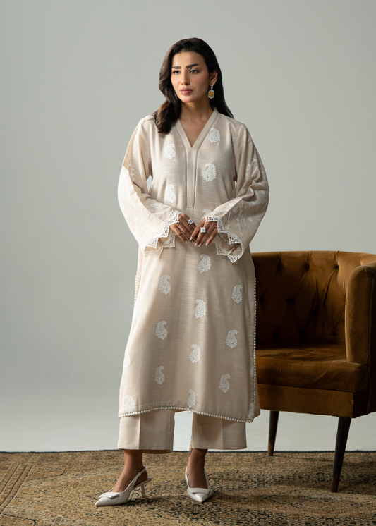 Embroidered Beige Khaddar Suit - Long