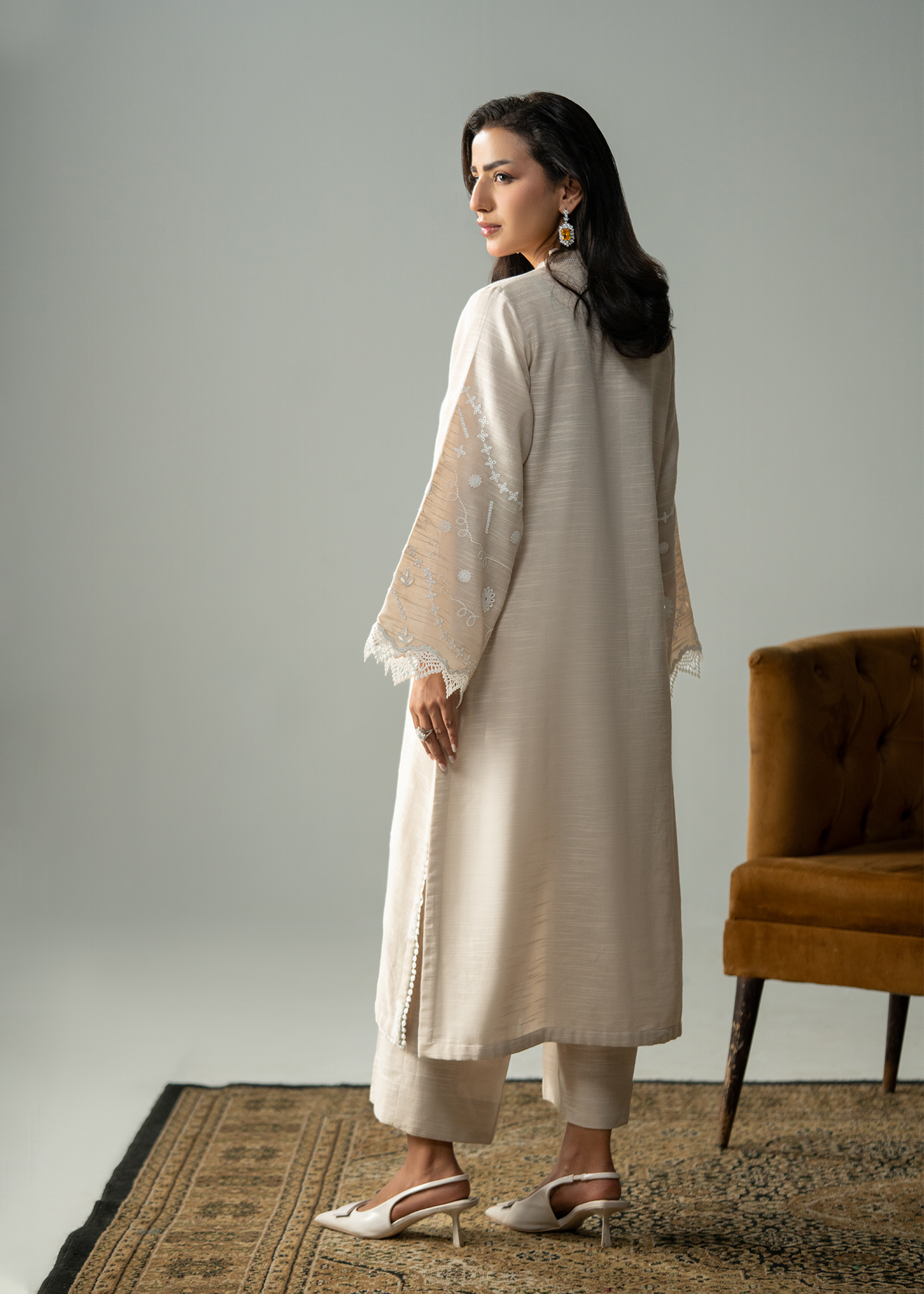 Embroidered Beige Khaddar Suit - Long