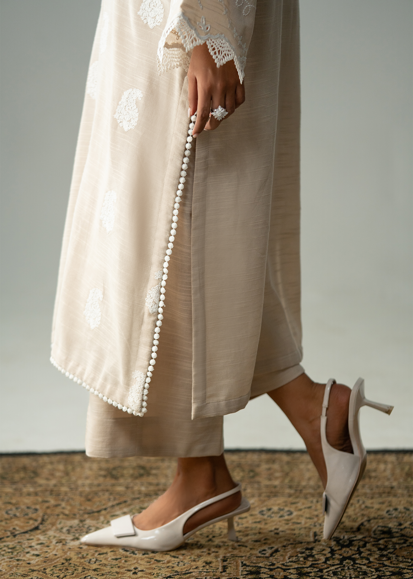Embroidered Beige Khaddar Suit - Long