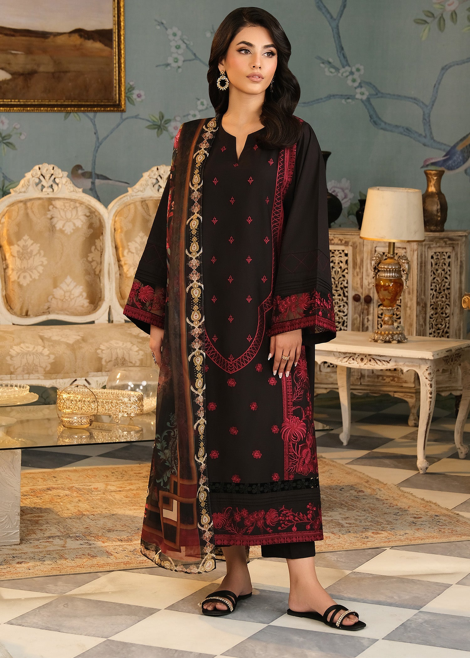 Black Suit with Red Embroidery