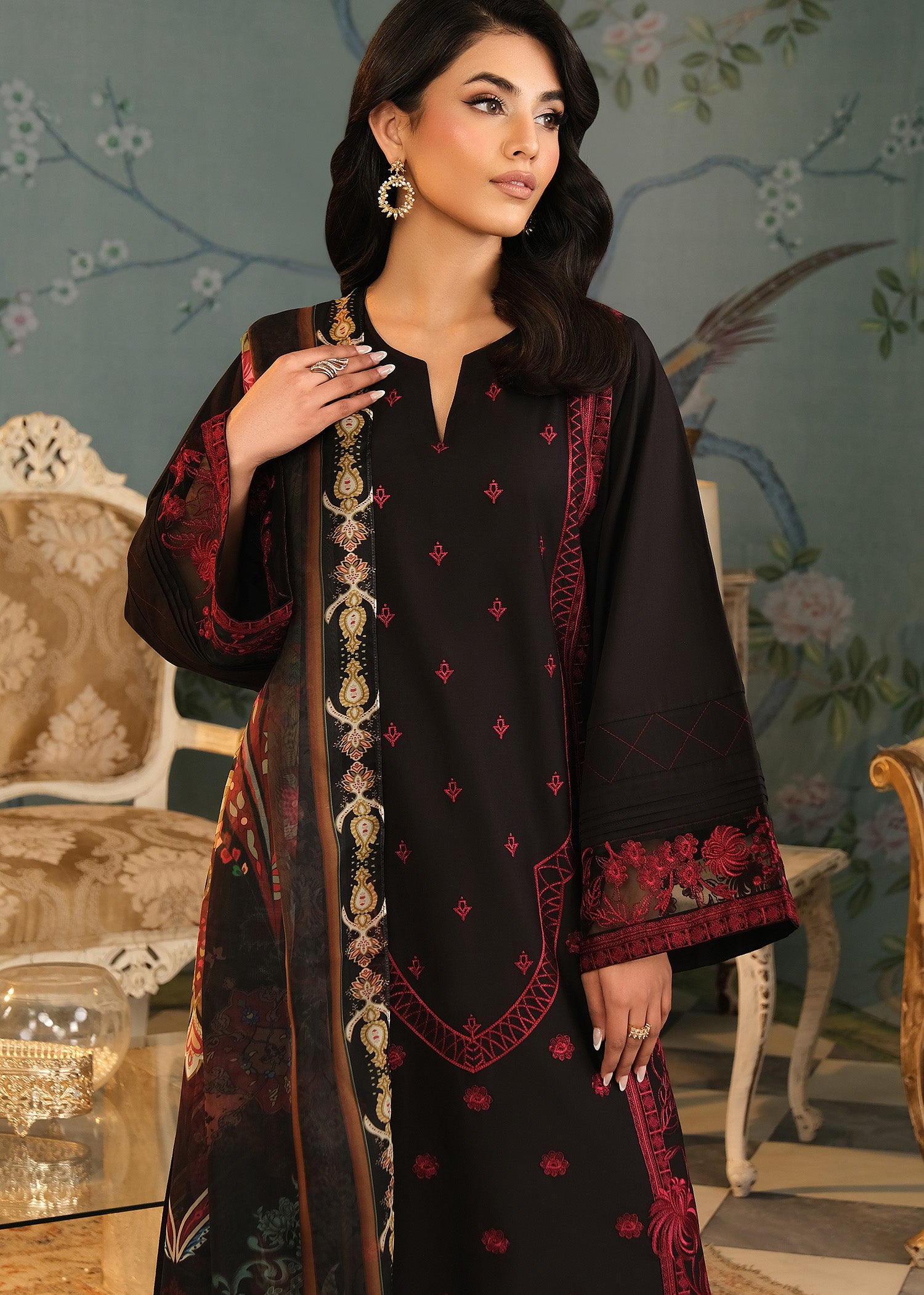 Black Suit with Red Embroidery