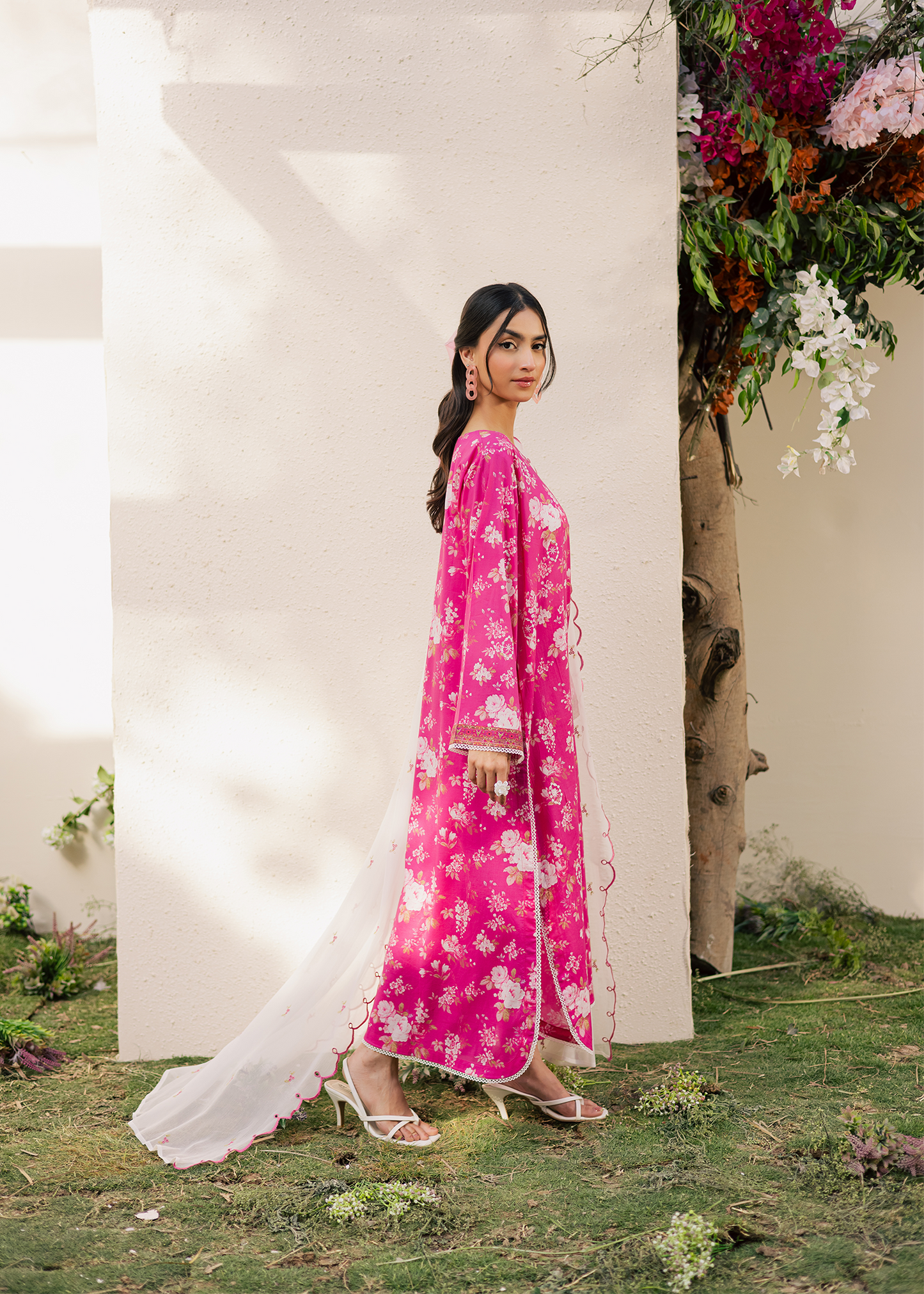 Fuchsia Printed Embroidered Suit
