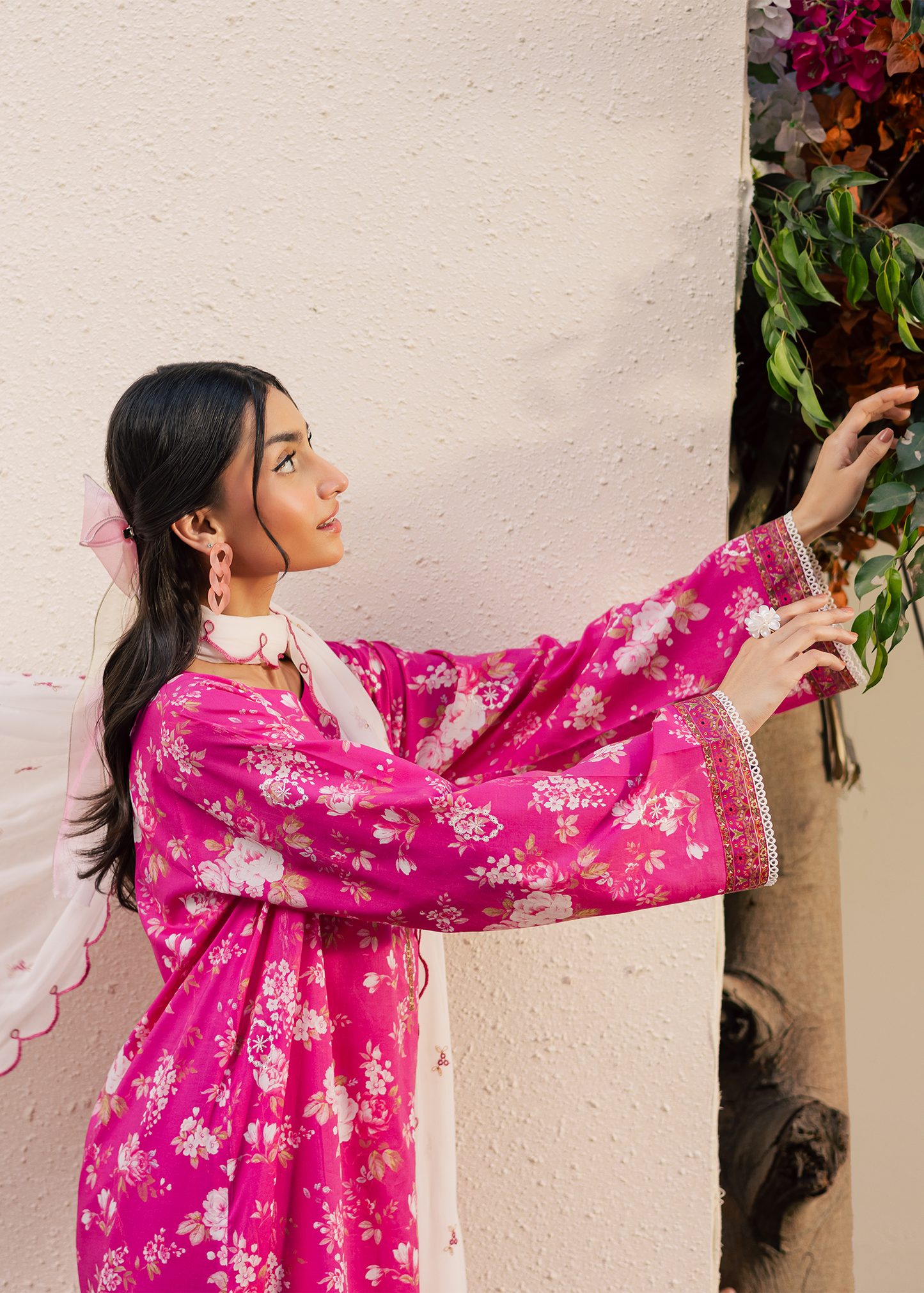 Fuchsia Printed Embroidered Suit