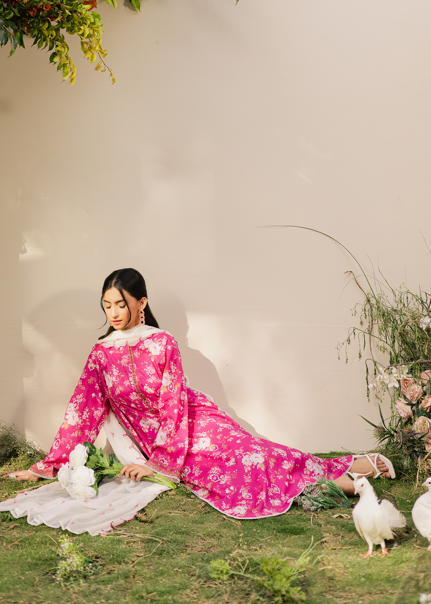 Fuchsia Printed Embroidered Suit