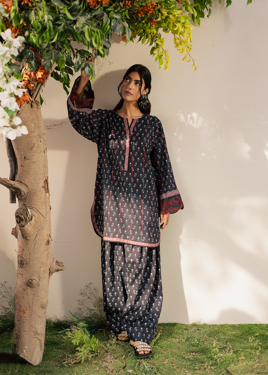 Black Printed Embroidered Suit