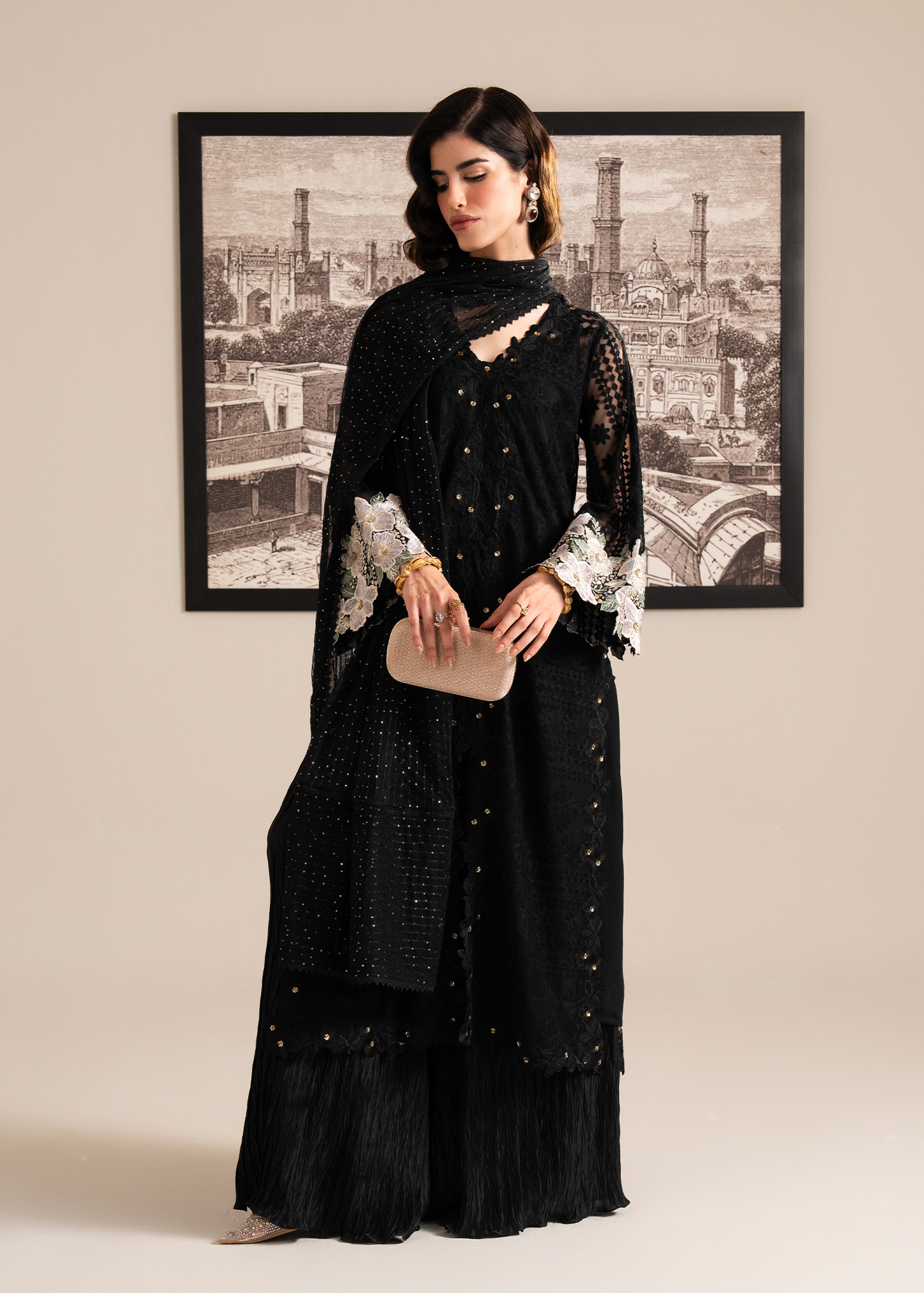 Black Emboridered Net Festive Pret