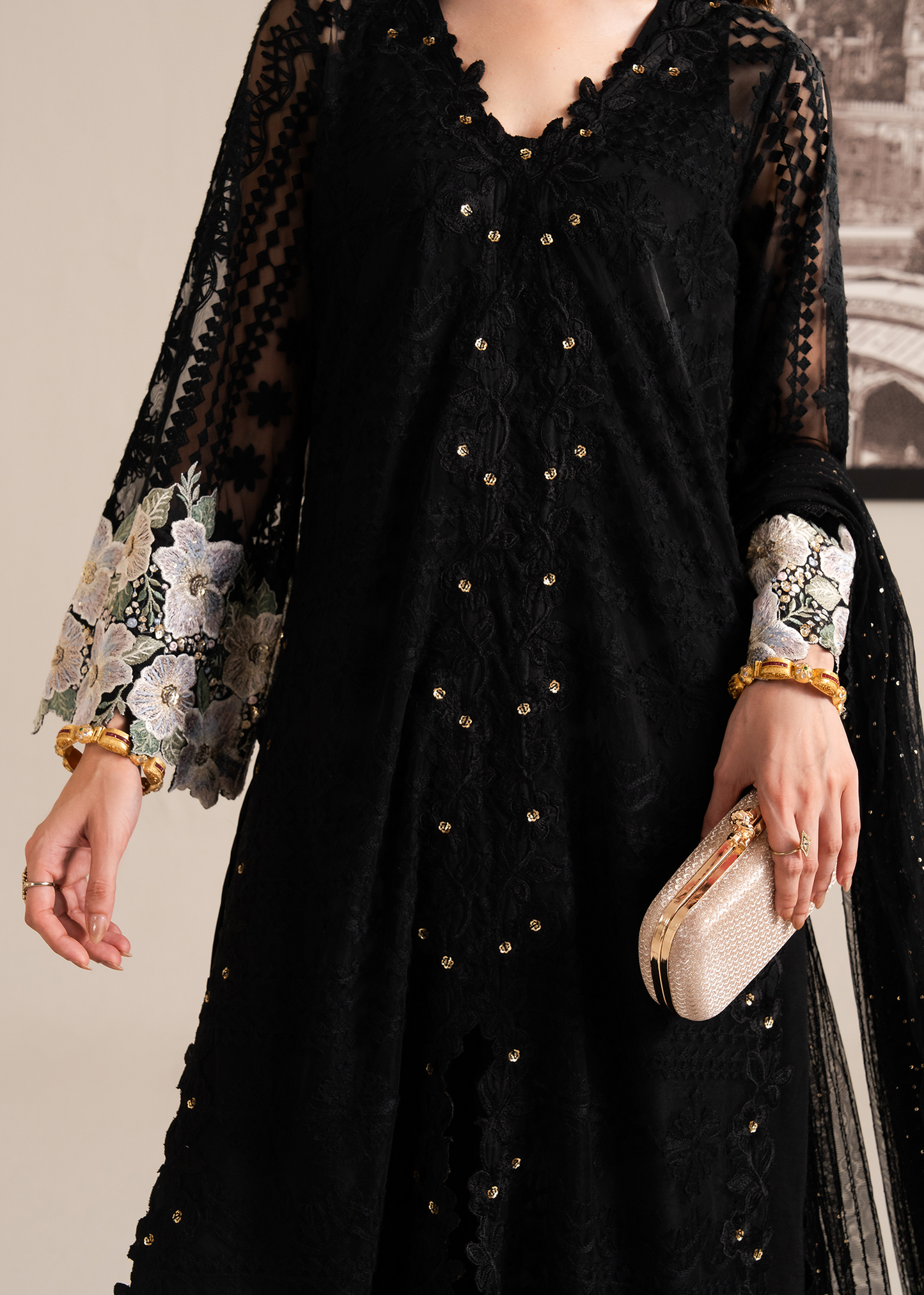 Black Emboridered Net Festive Pret