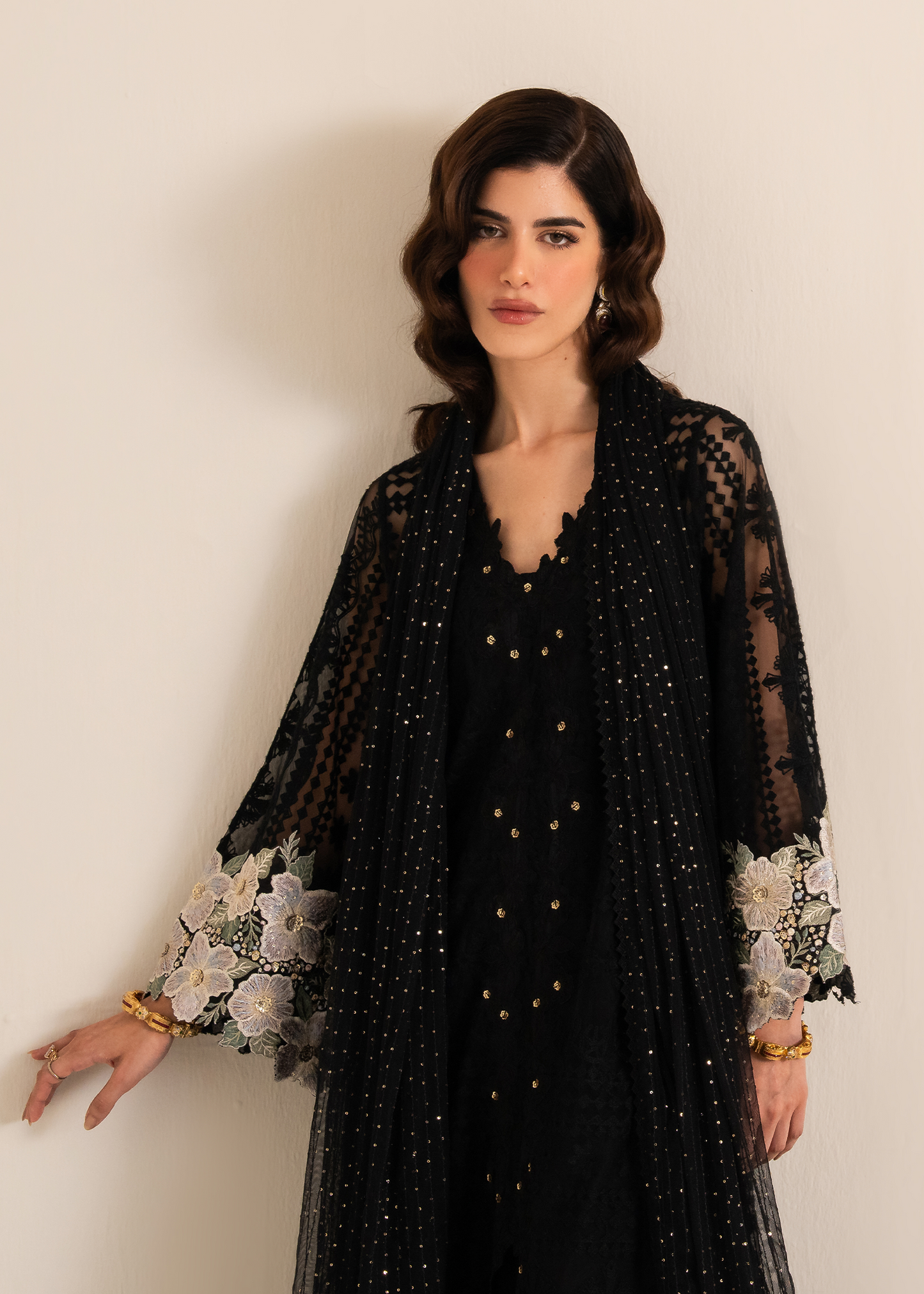 Black Emboridered Net Festive Pret