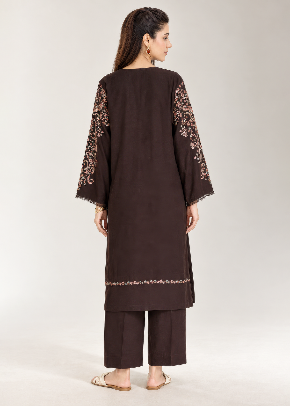 Brown Embroidered Karandi 2 PC Suit
