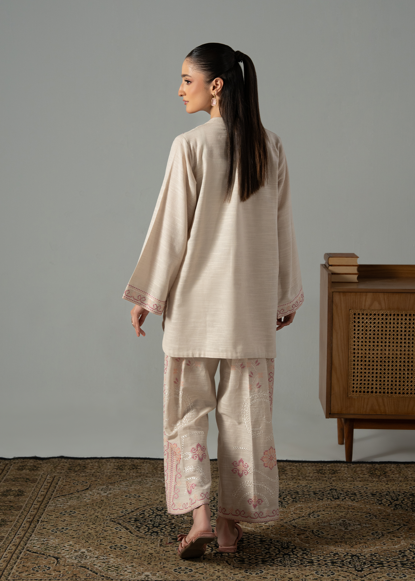 Embroidered Beige Khaddar Suit - Short
