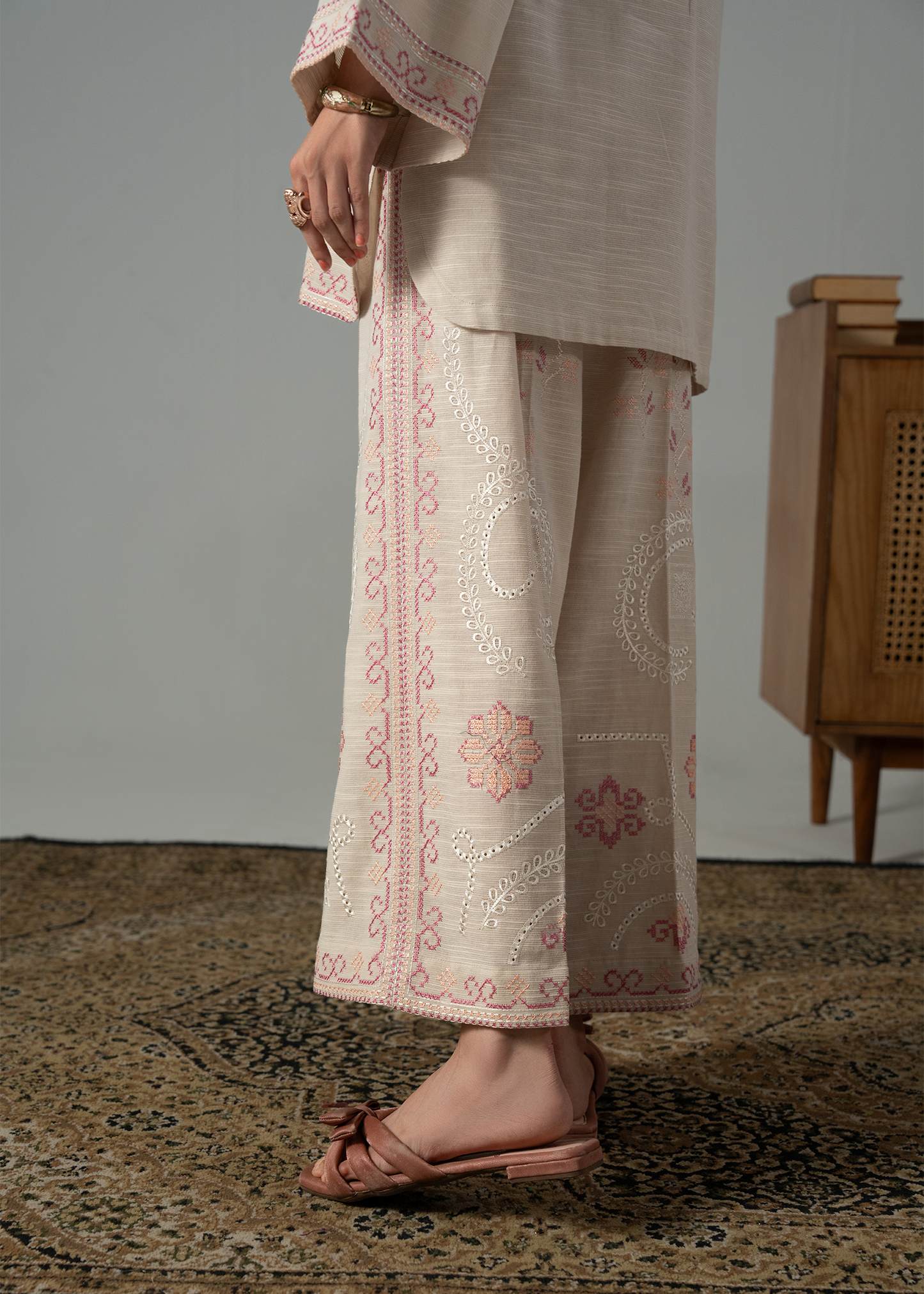 Embroidered Beige Khaddar Suit - Short