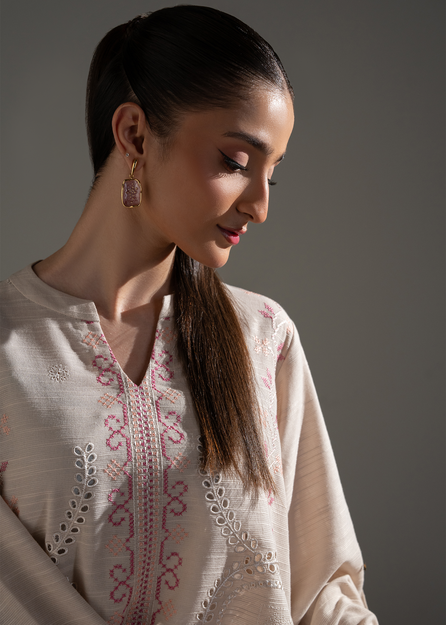 Embroidered Beige Khaddar Suit - Short