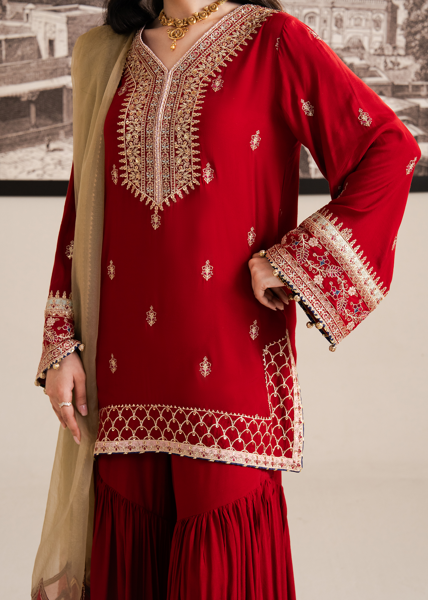Red Muzlin Gharara Festive Pret