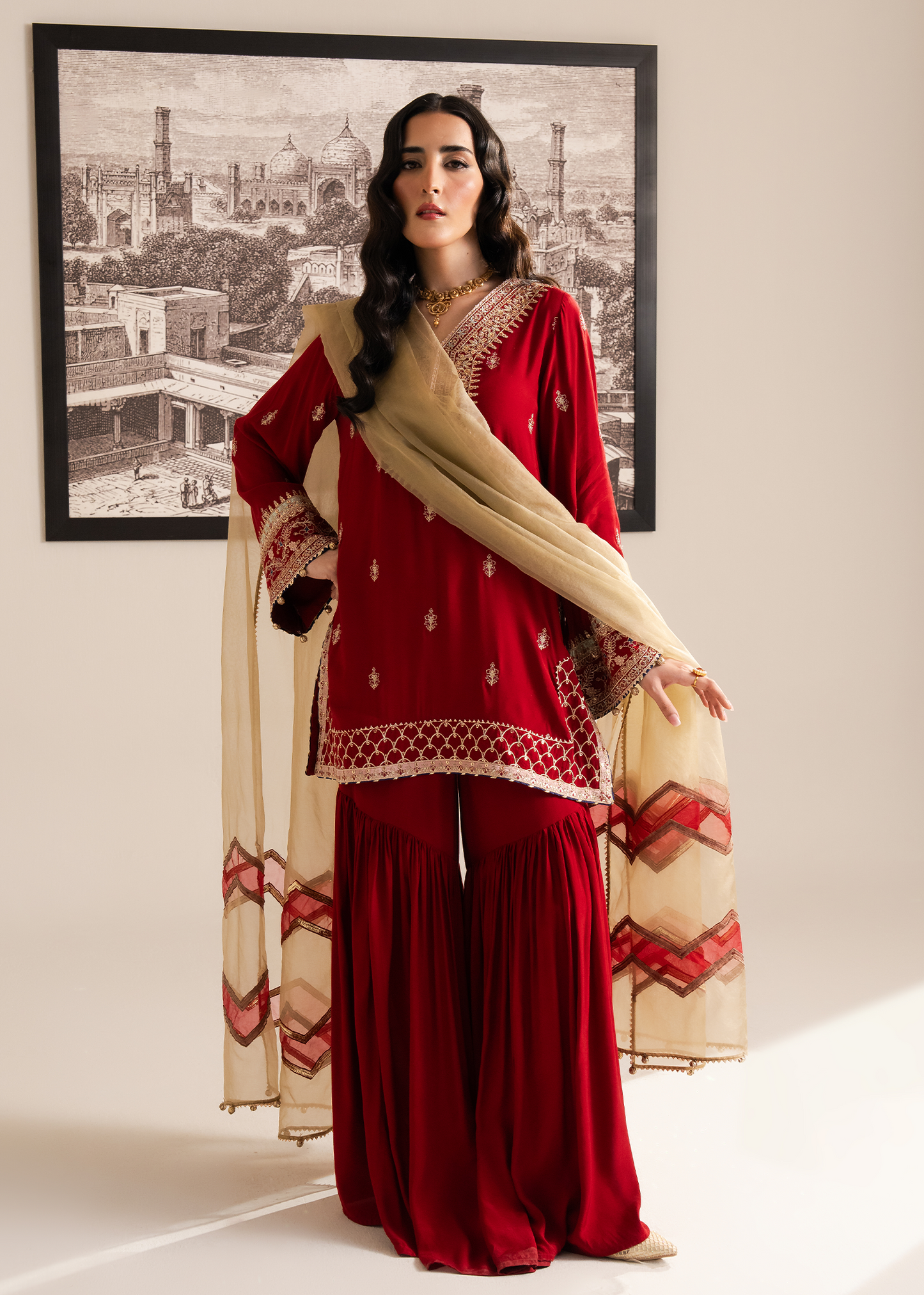 Red Muzlin Gharara Festive Pret