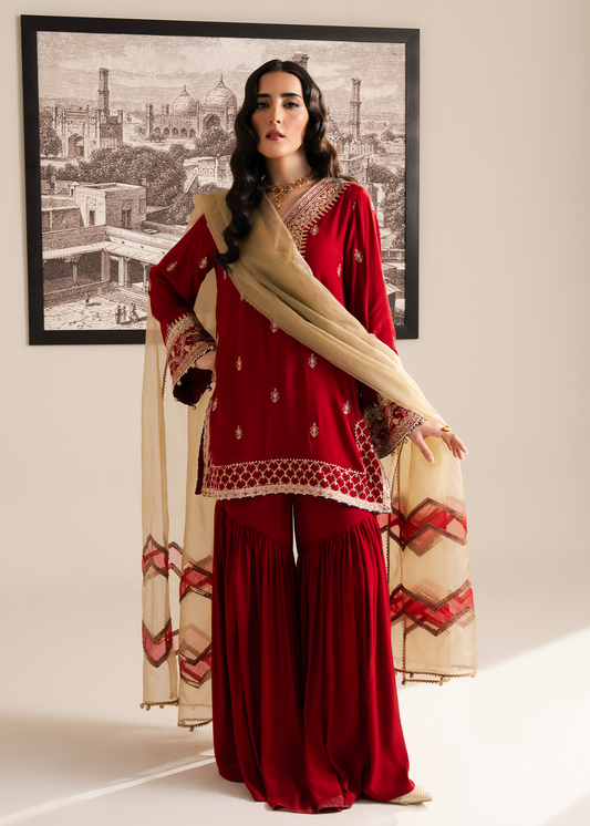 Red Muzlin Gharara Festive Pret
