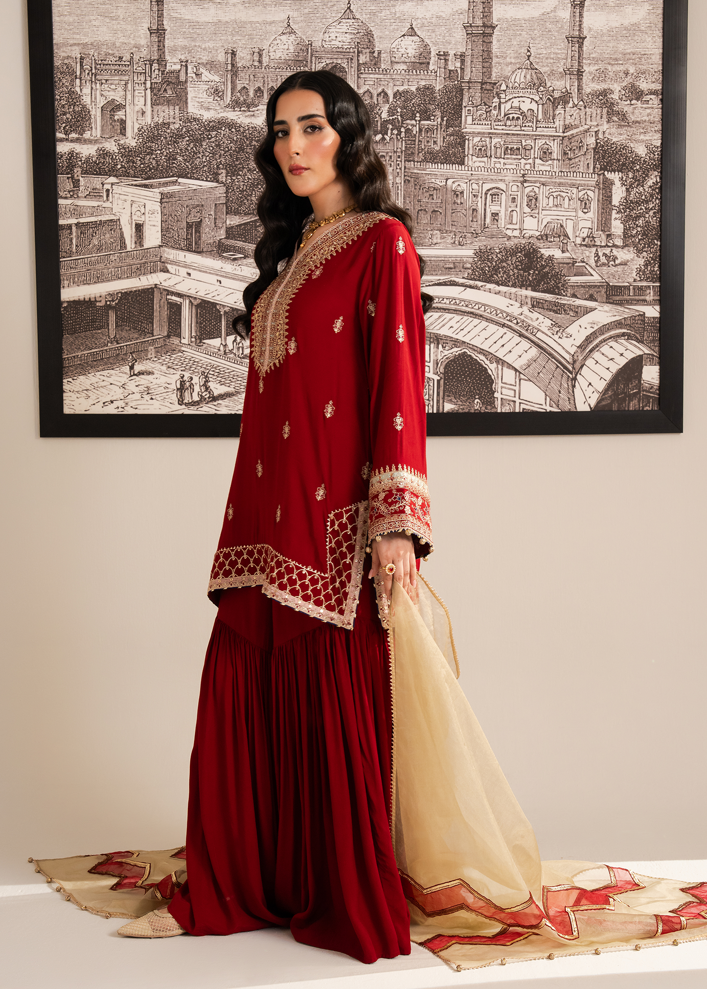 Red Muzlin Gharara Festive Pret