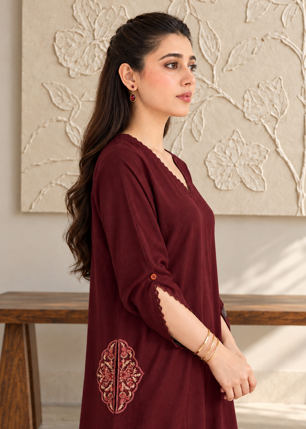 Maroon Embroidered Karandi 2 PC Suit
