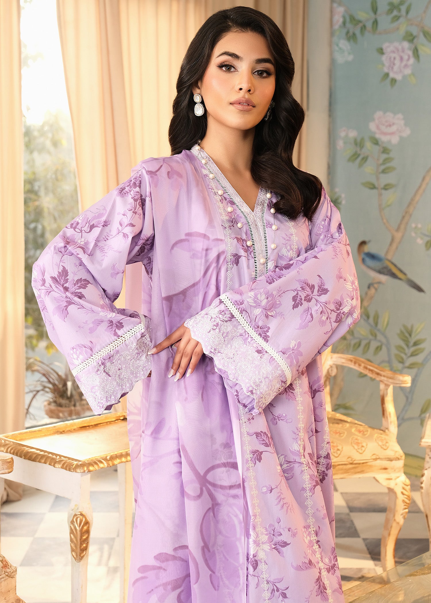 Lilac Printed Embroidered Suit