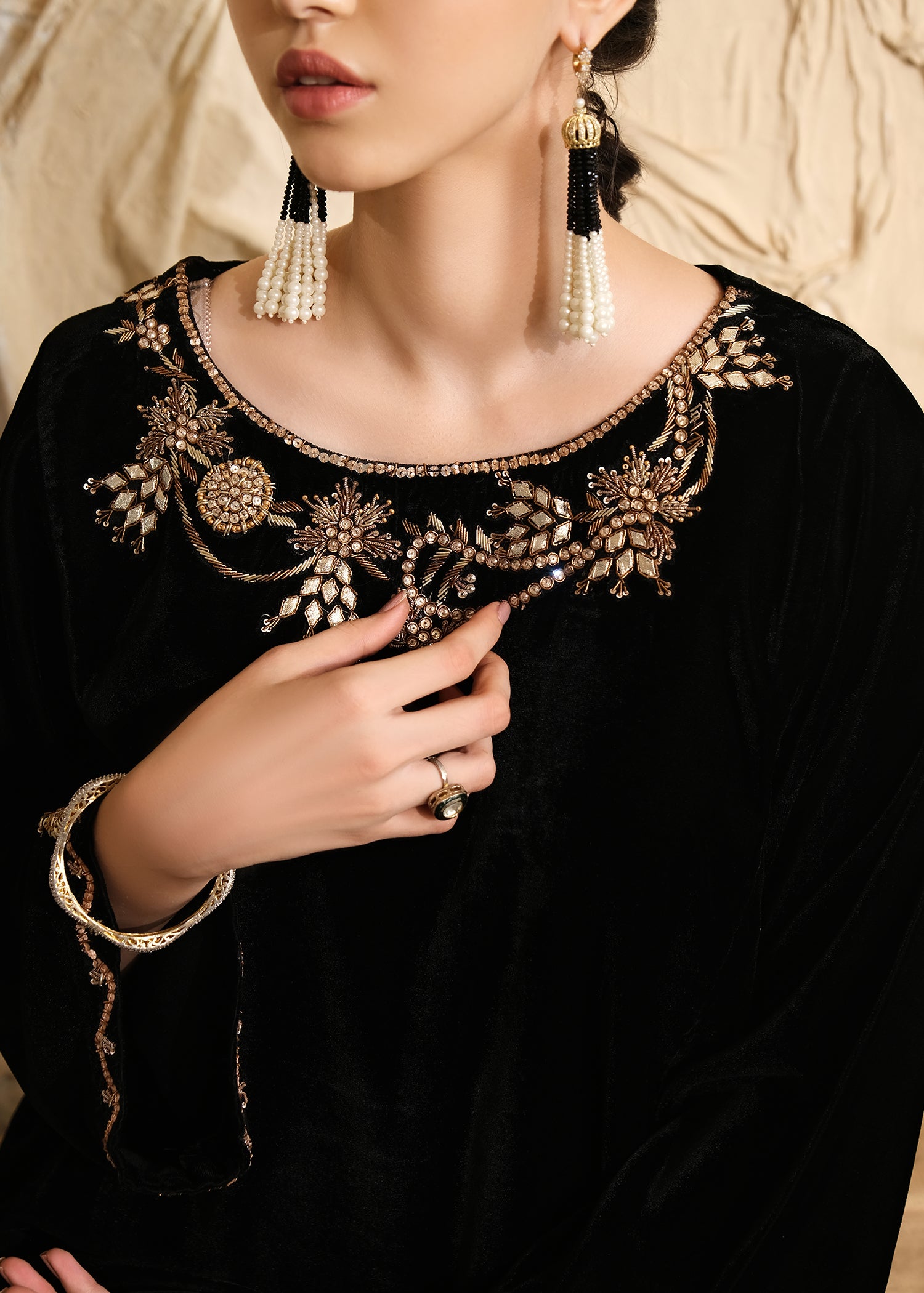 Hyderbad Black and Gold Embroidered Velvet Tunic Top