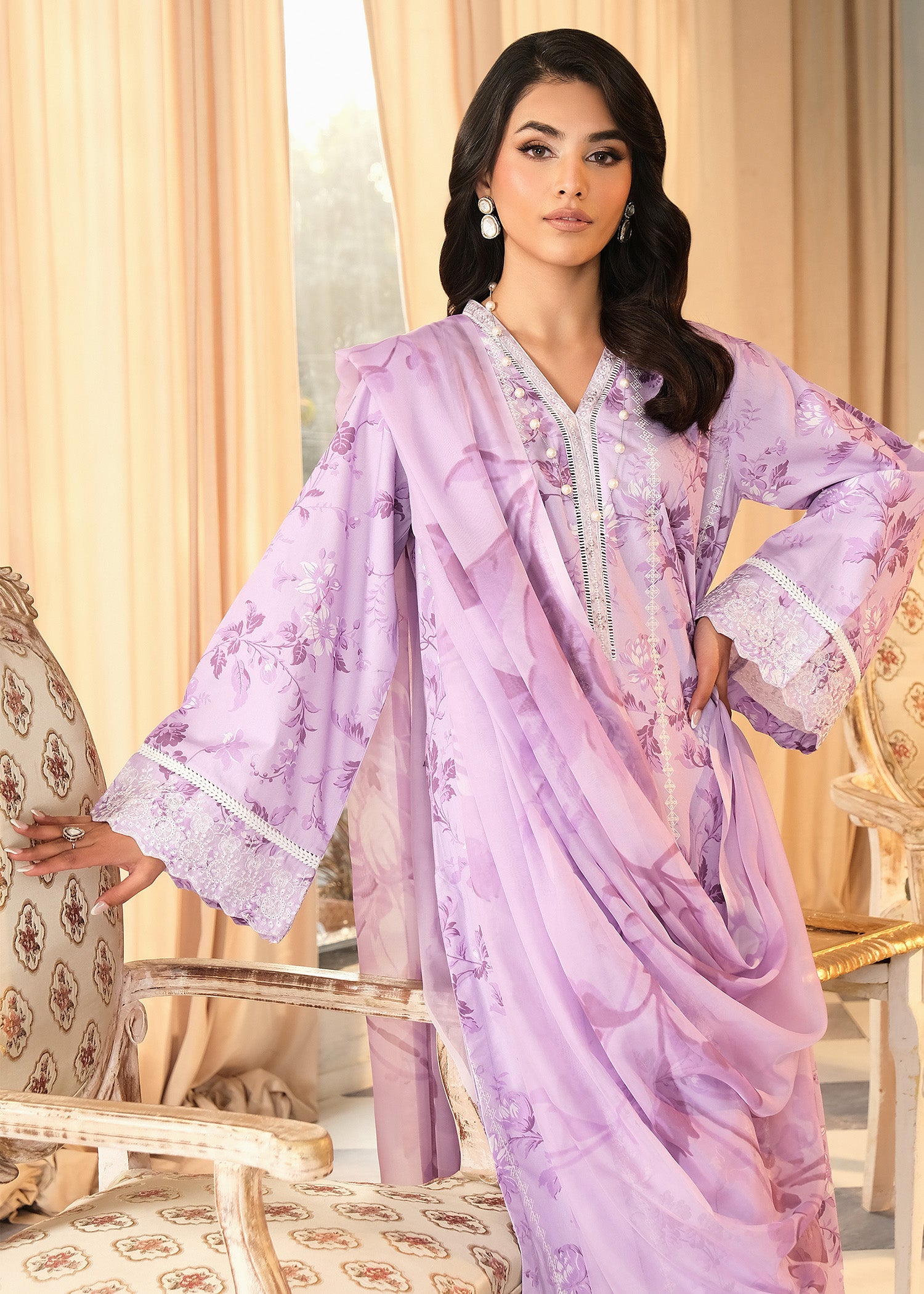 Lilac Printed Embroidered Suit