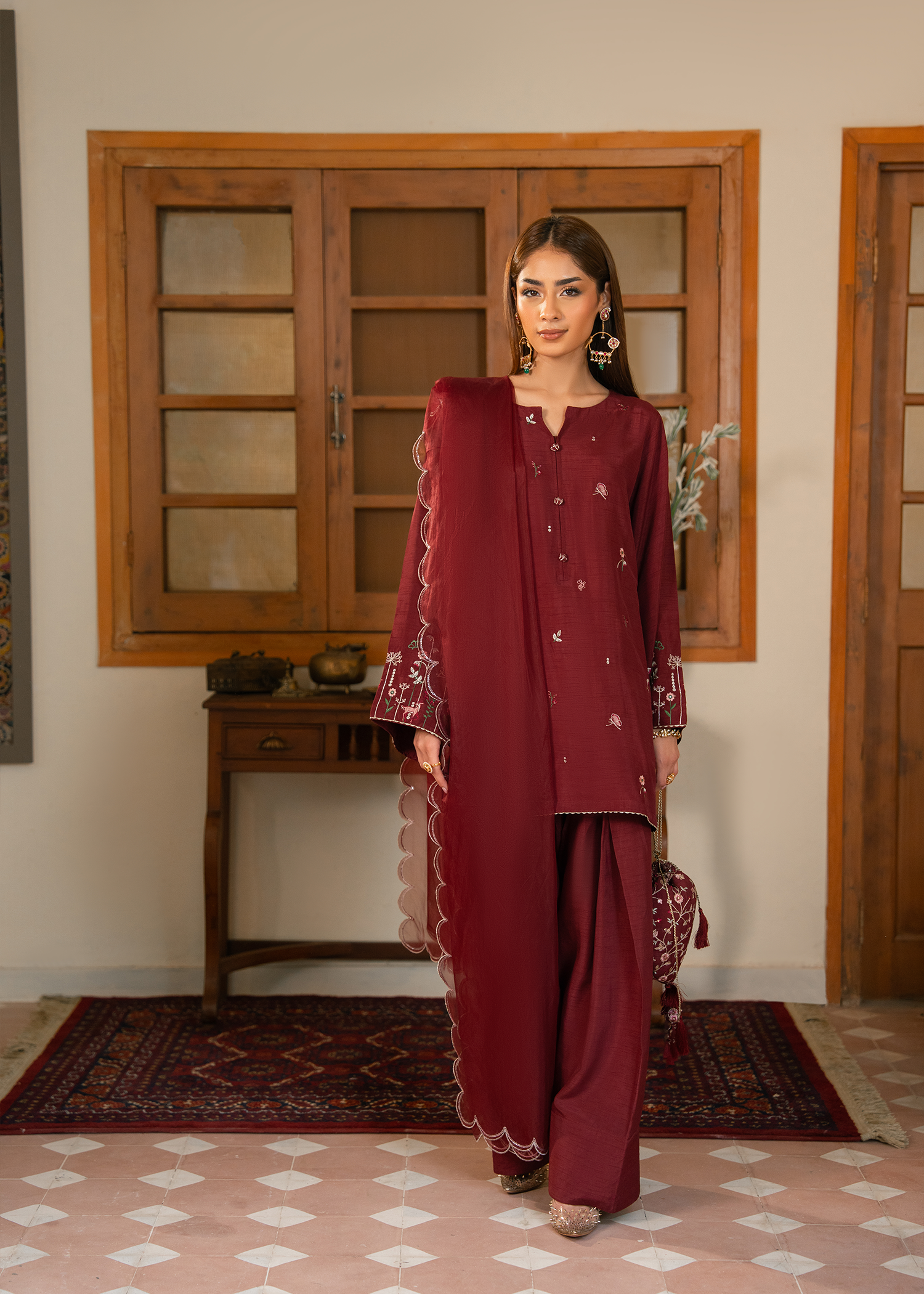 Maroon Raw Silk Suit