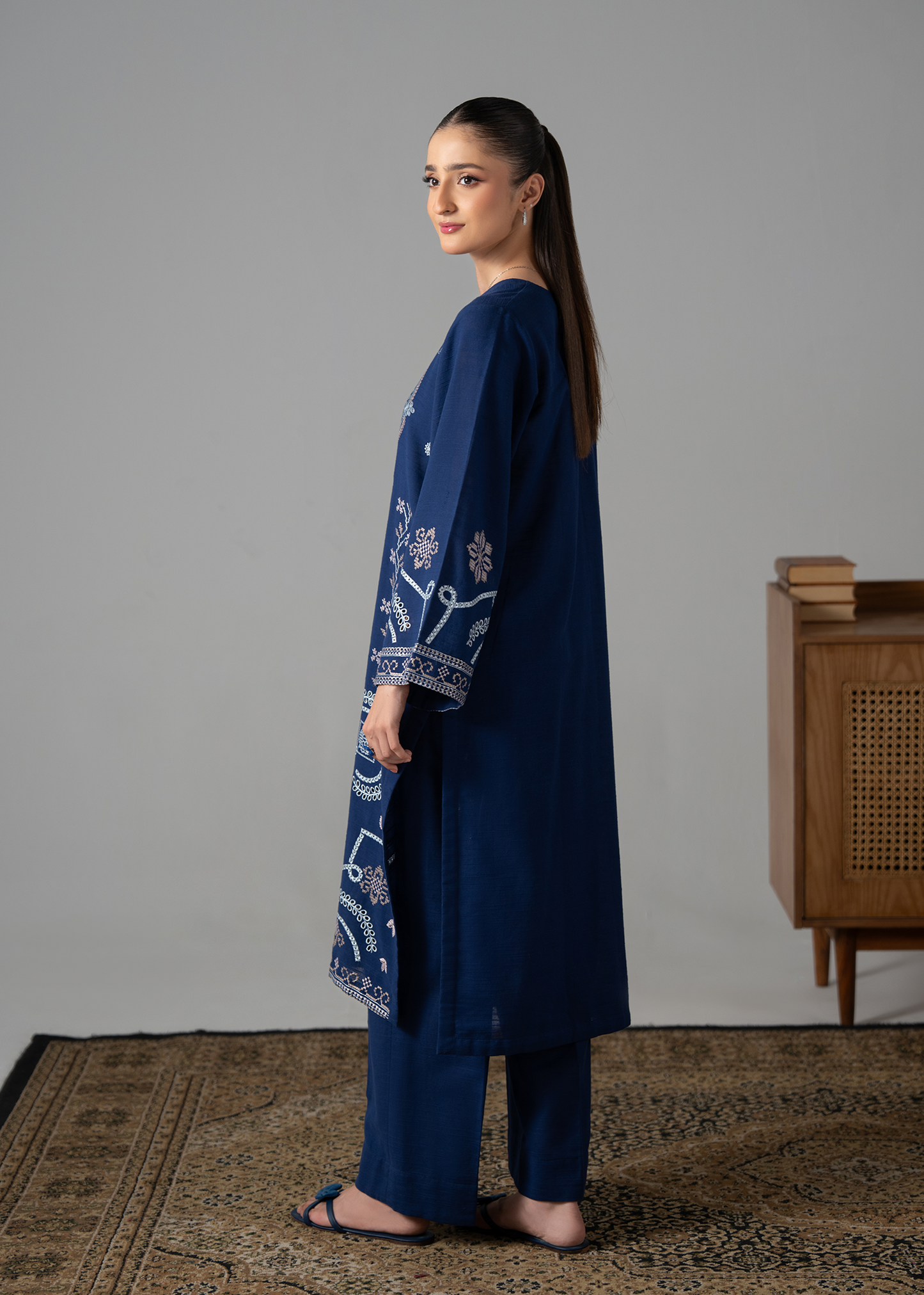 Embroidered Navy Blue Khaddar Suit