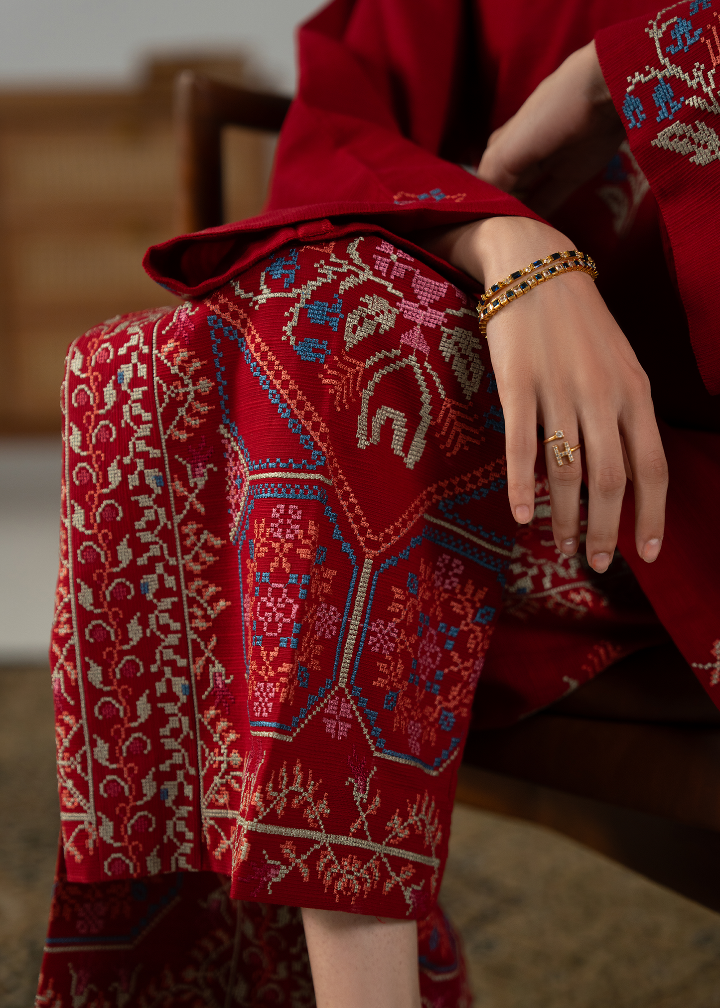 Embroidered Red Khaddar Suit - Short