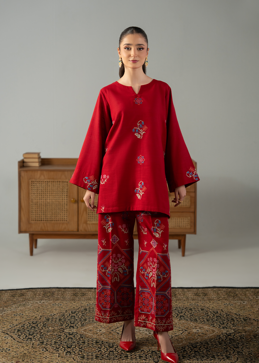 Embroidered Red Khaddar Suit - Short
