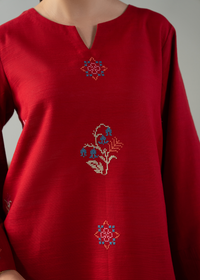 Embroidered Red Khaddar Suit - Short