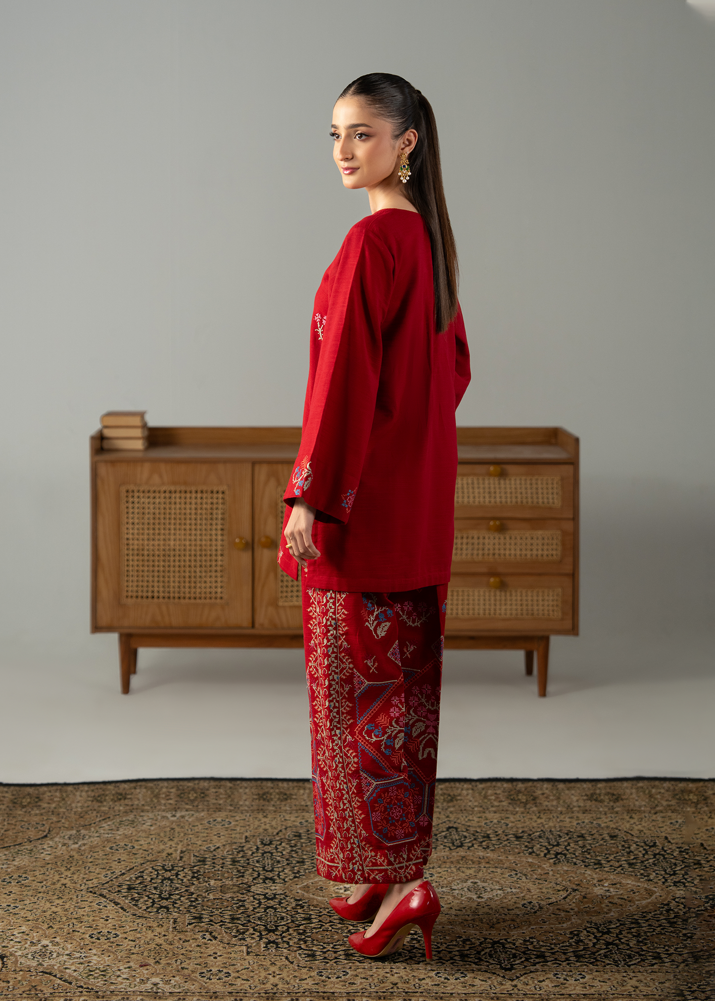Embroidered Red Khaddar Suit - Short