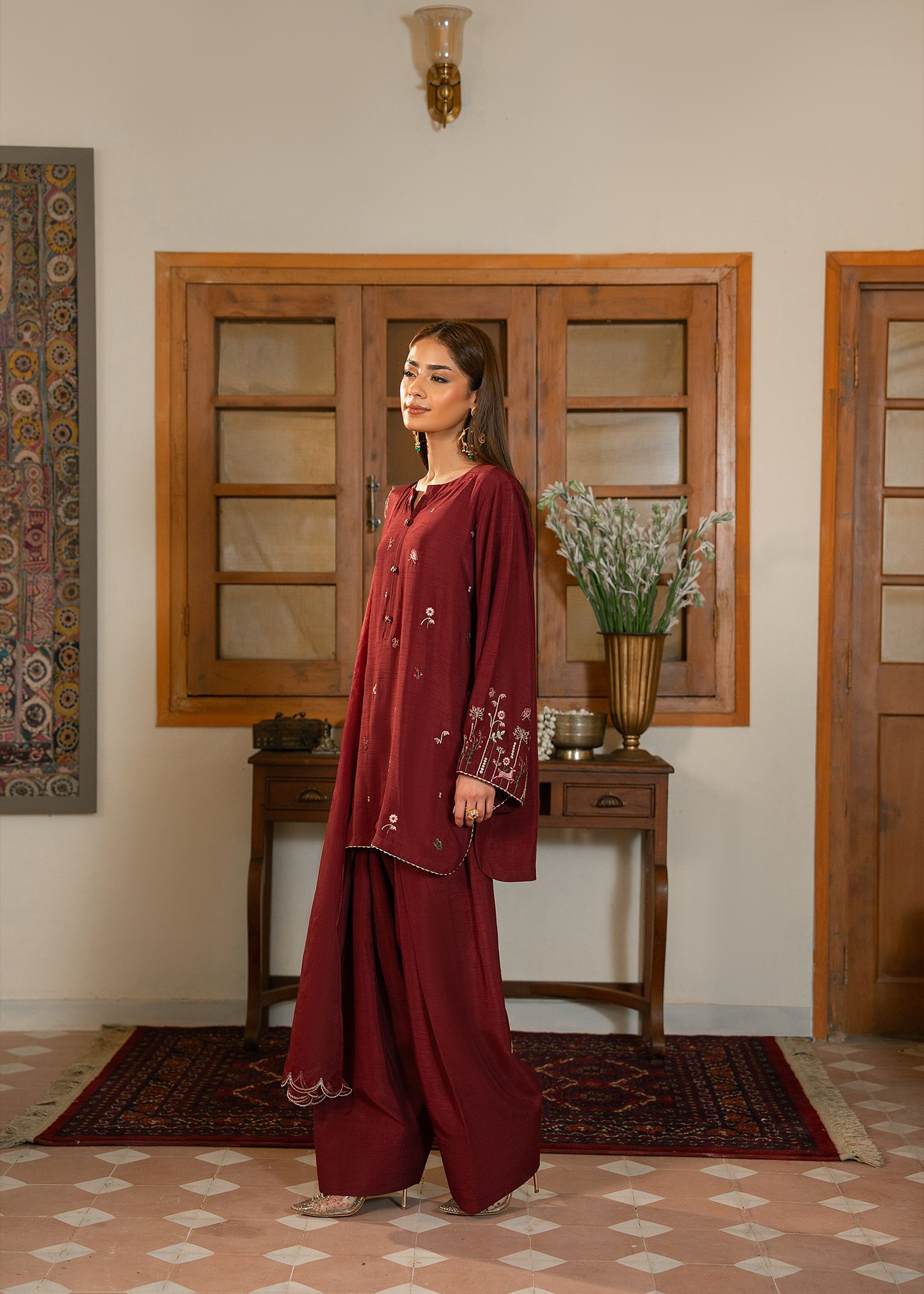 Maroon Raw Silk Suit