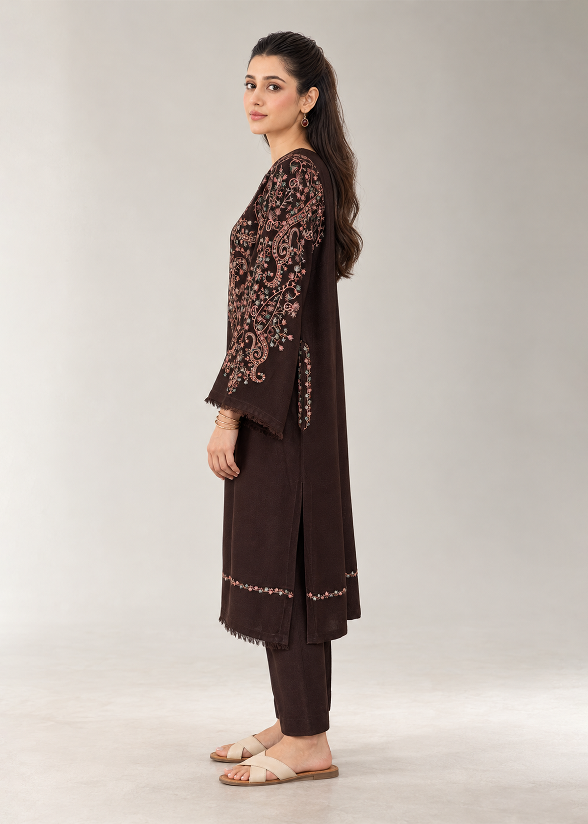 Brown Embroidered Karandi 2 PC Suit