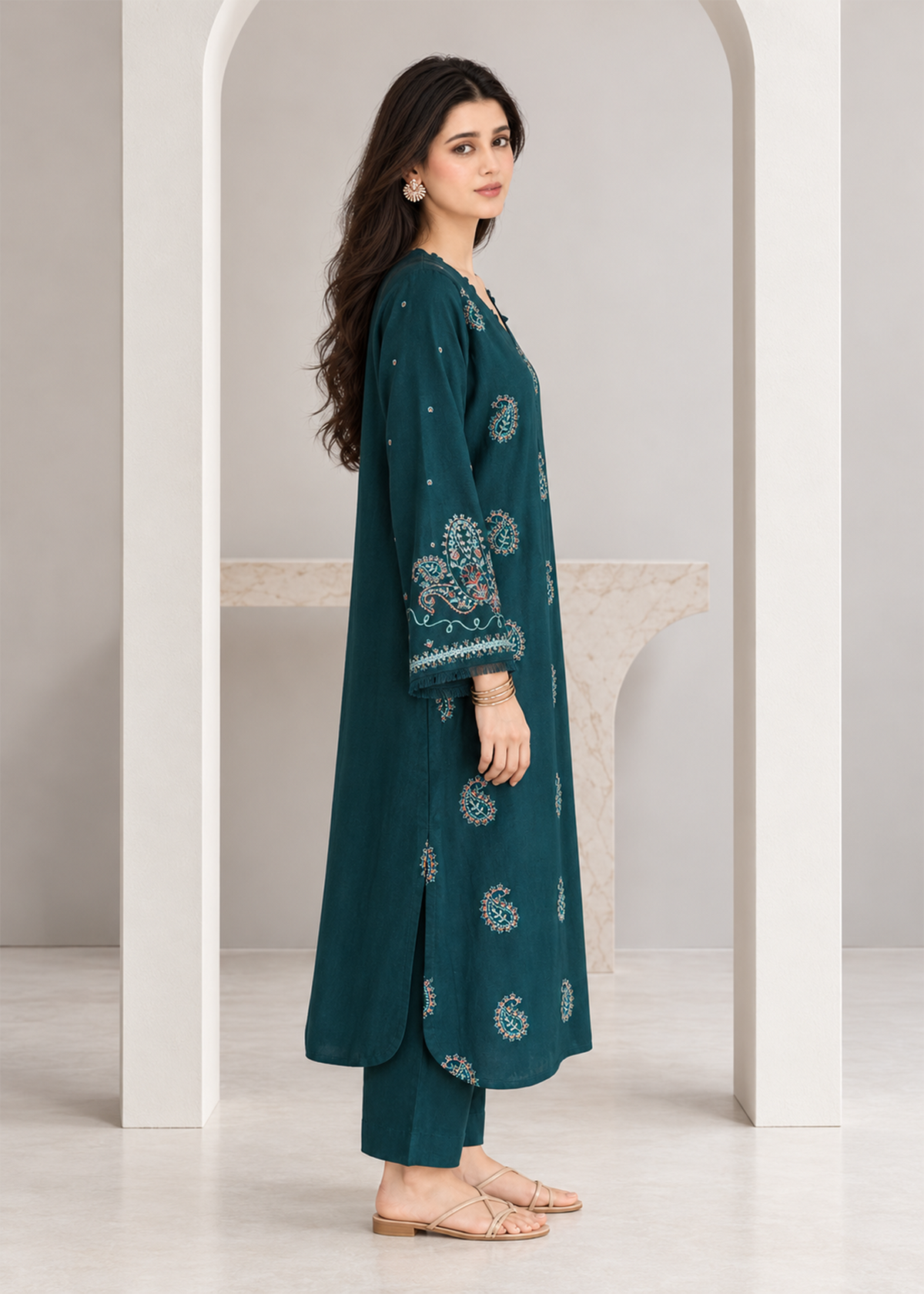 Teal Green Embroidered Karandi 2 PC Suit