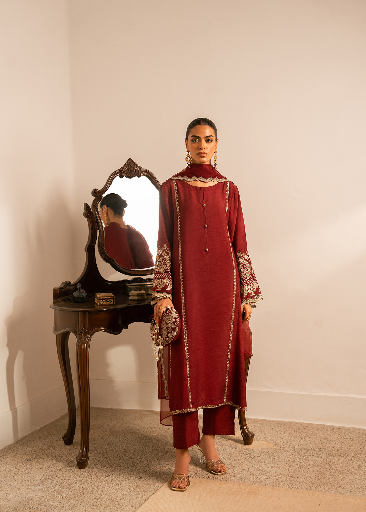 Maroon Raw Silk Suit