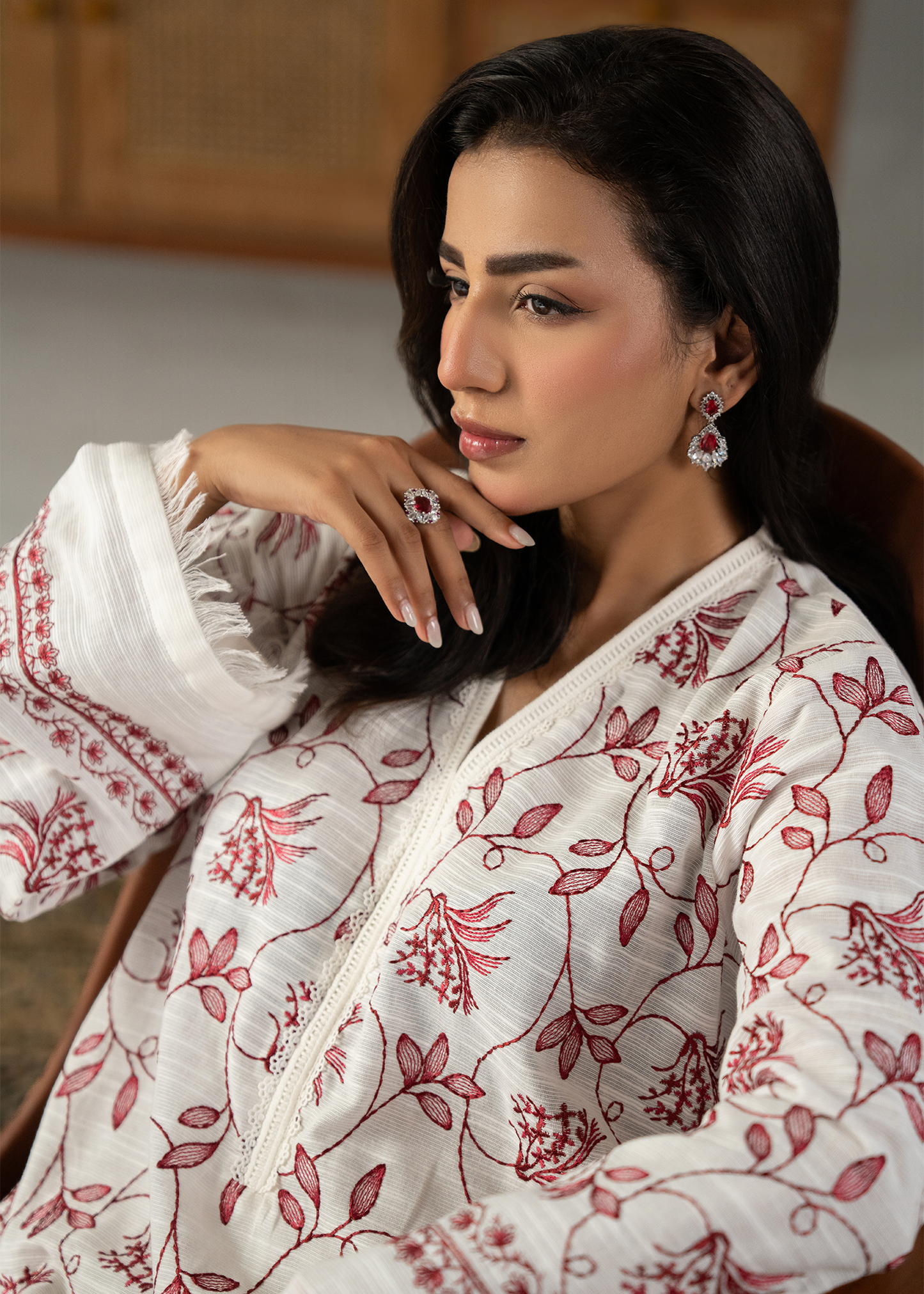 Embroidered White And Maroon Khaddar Suit