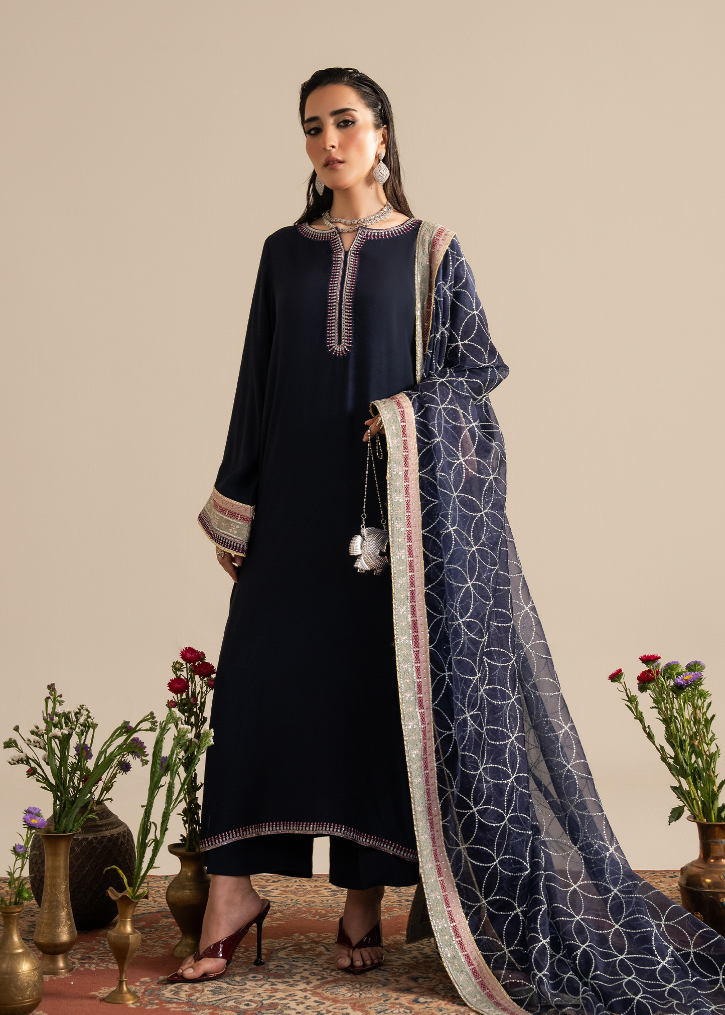 Navy Blue Muzlin Festive Pret