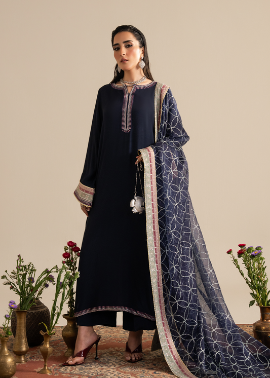 Navy Blue Muzlin Festive Pret
