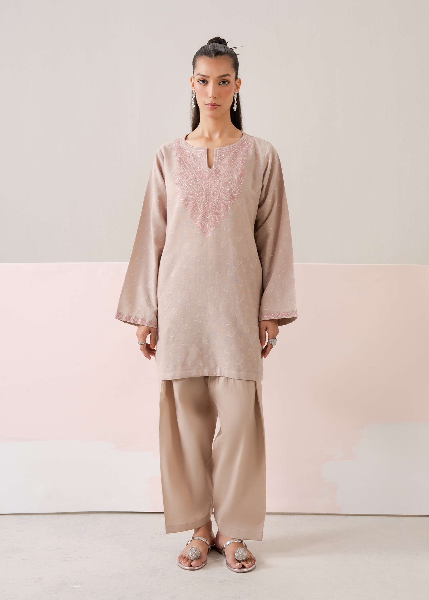 Beige Embroidered Co-ord