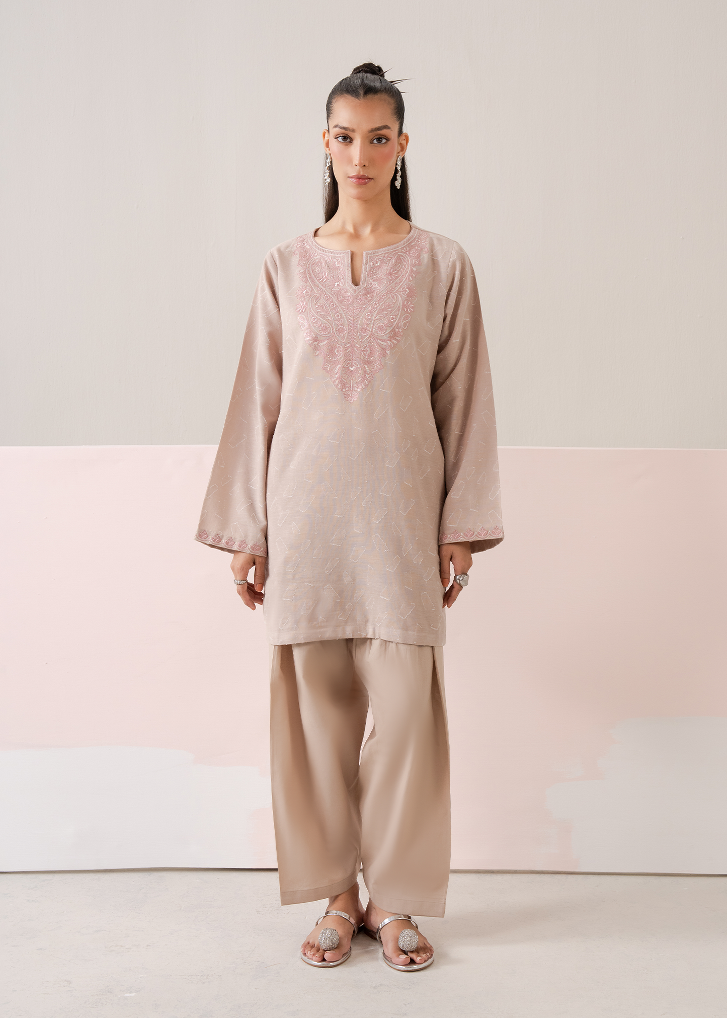 Beige Embroidered Co-ord