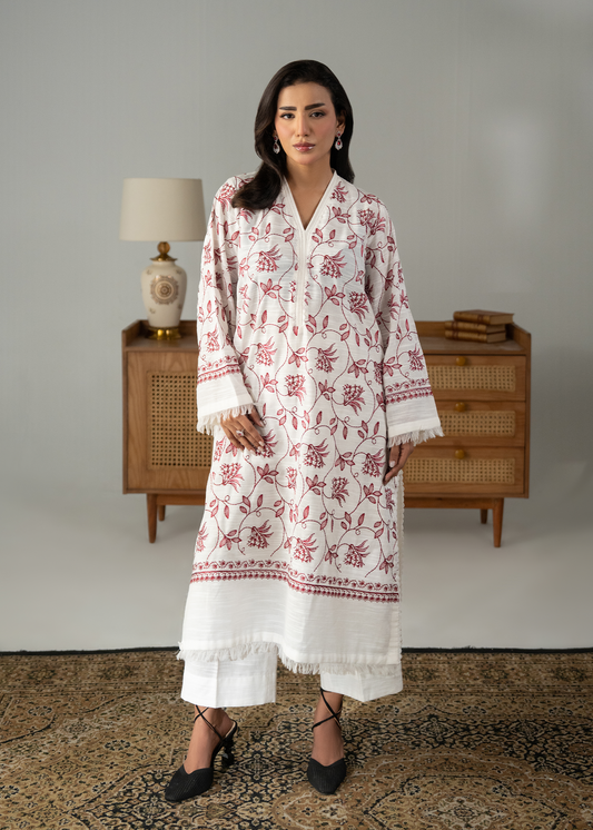 Embroidered White And Maroon Khaddar Suit