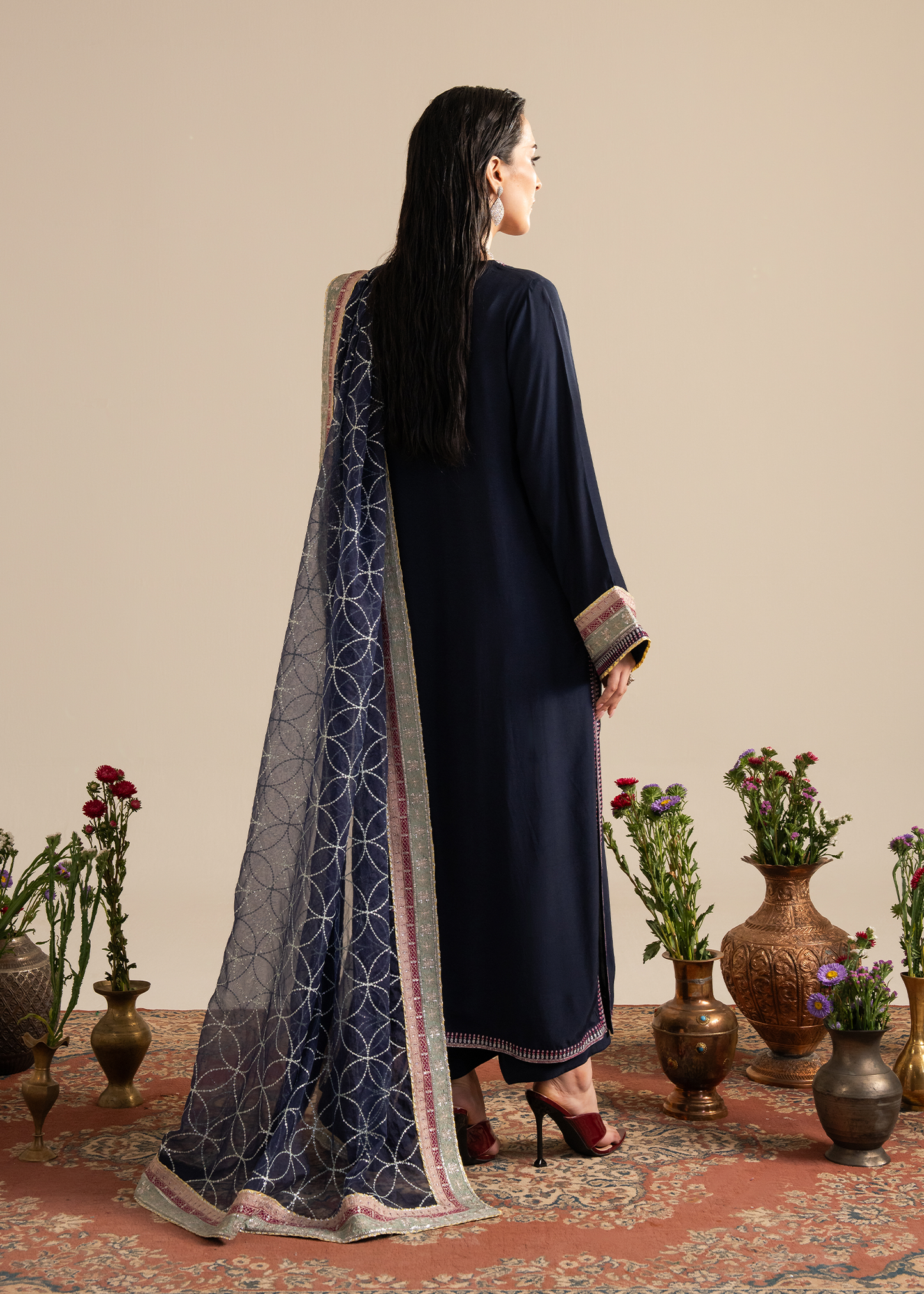 Navy Blue Muzlin Festive Pret