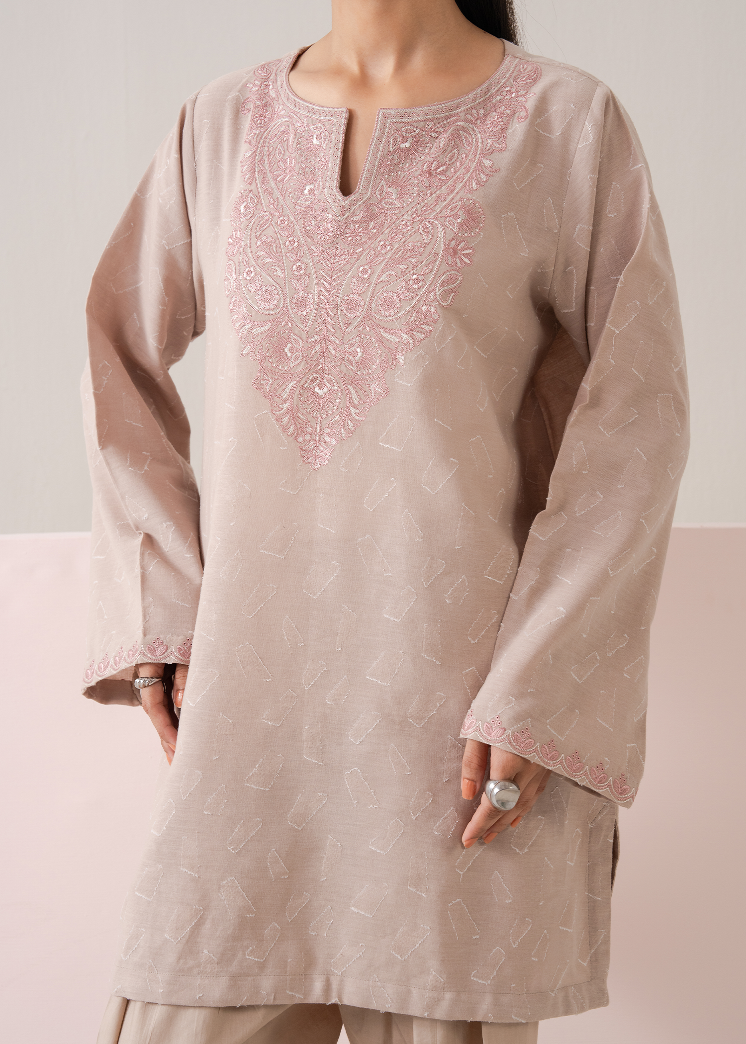 Beige Embroidered Co-ord