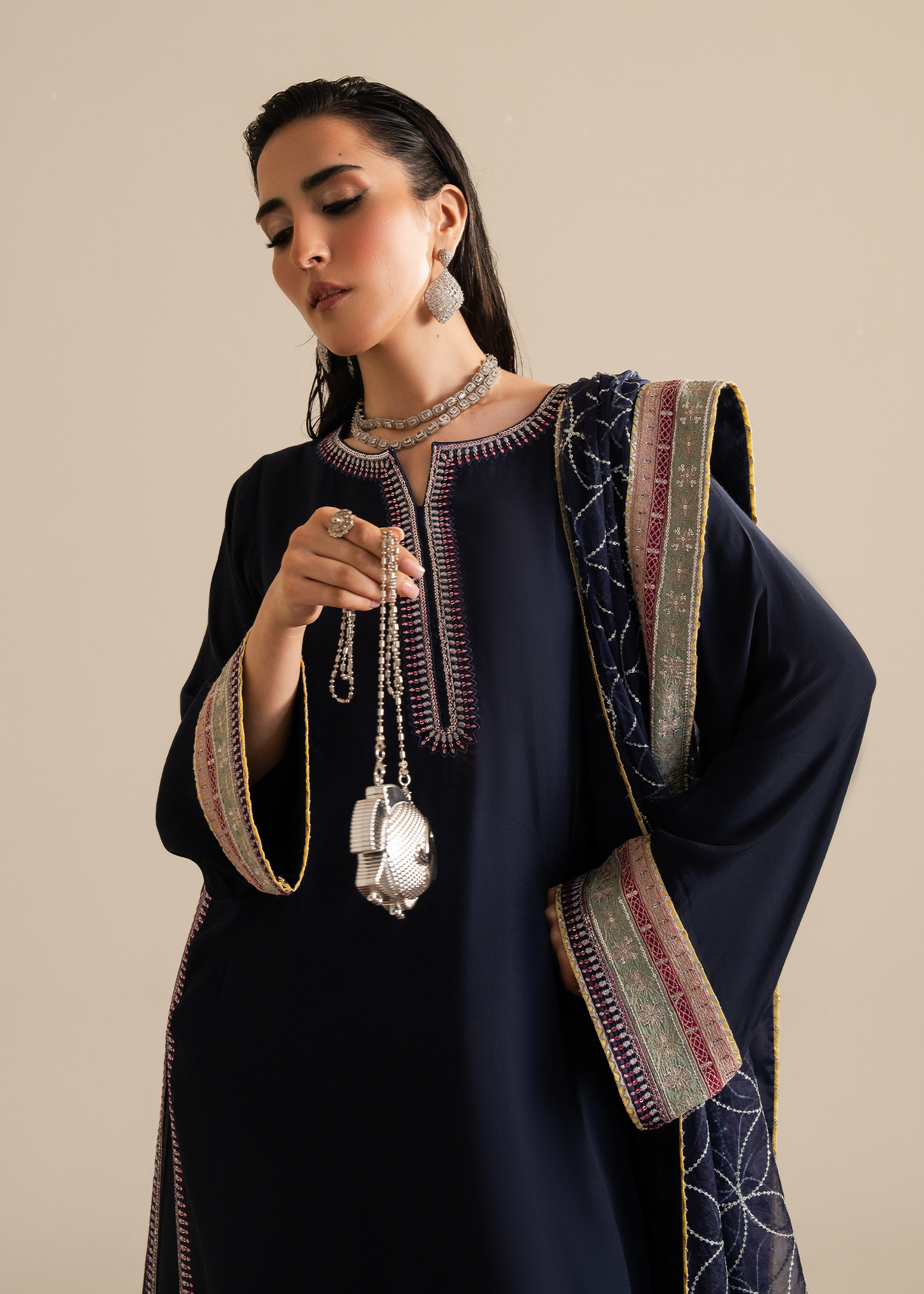 Navy Blue Muzlin Festive Pret